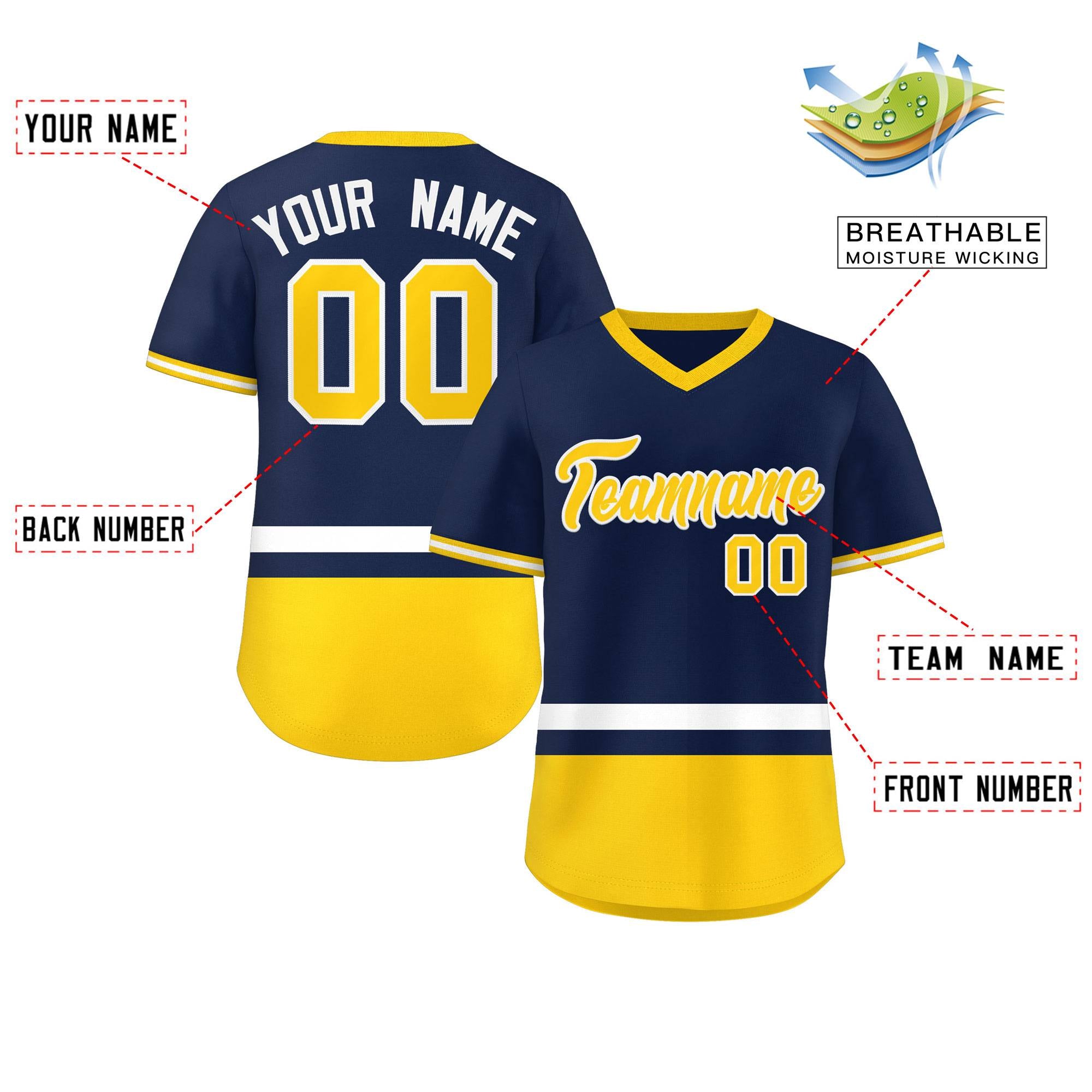 Custom Navy White-Gold Color Block Personalized V-Neck Authentic Pullover Baseball Jersey