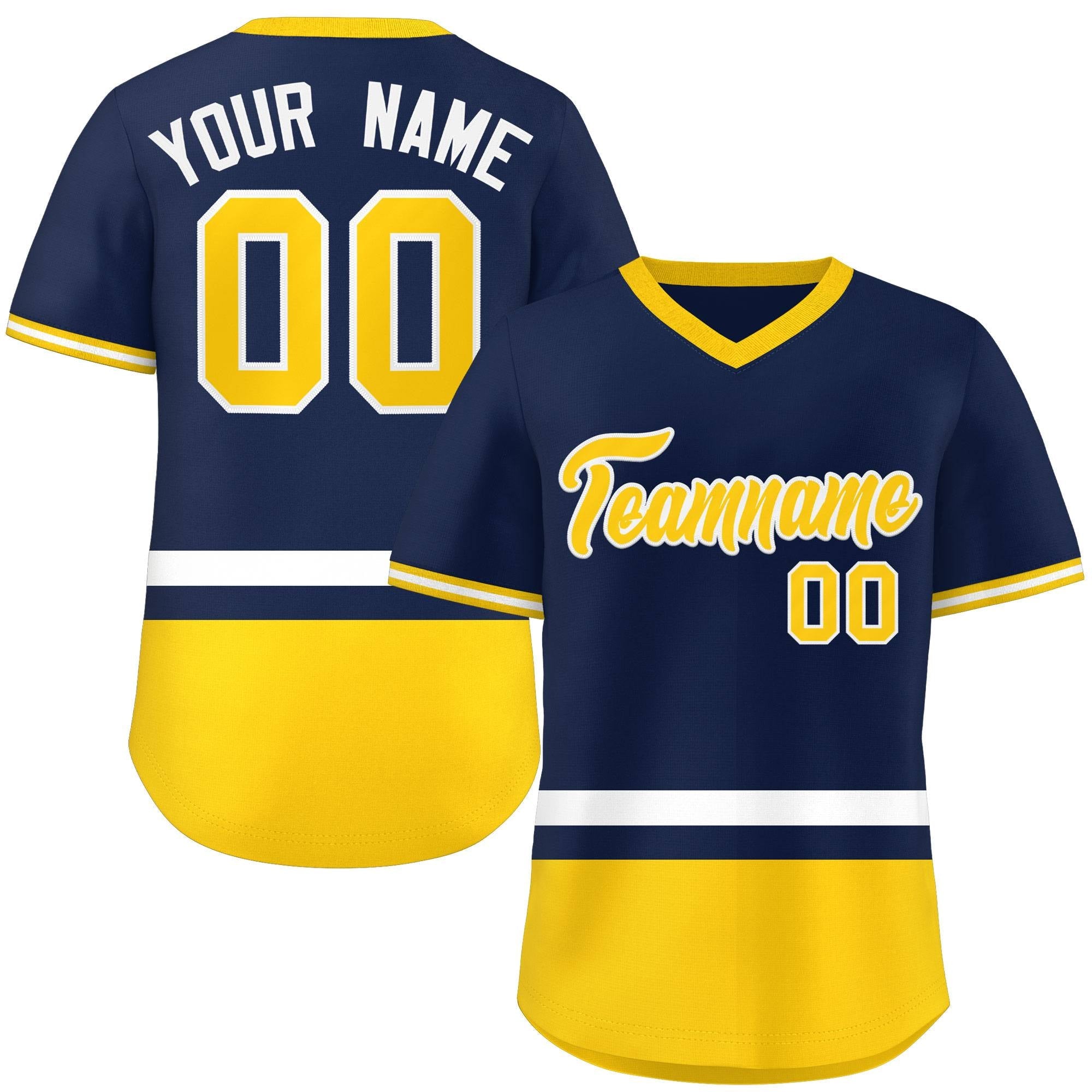 Custom Navy White-Gold Color Block Personalized V-Neck Authentic Pullover Baseball Jersey