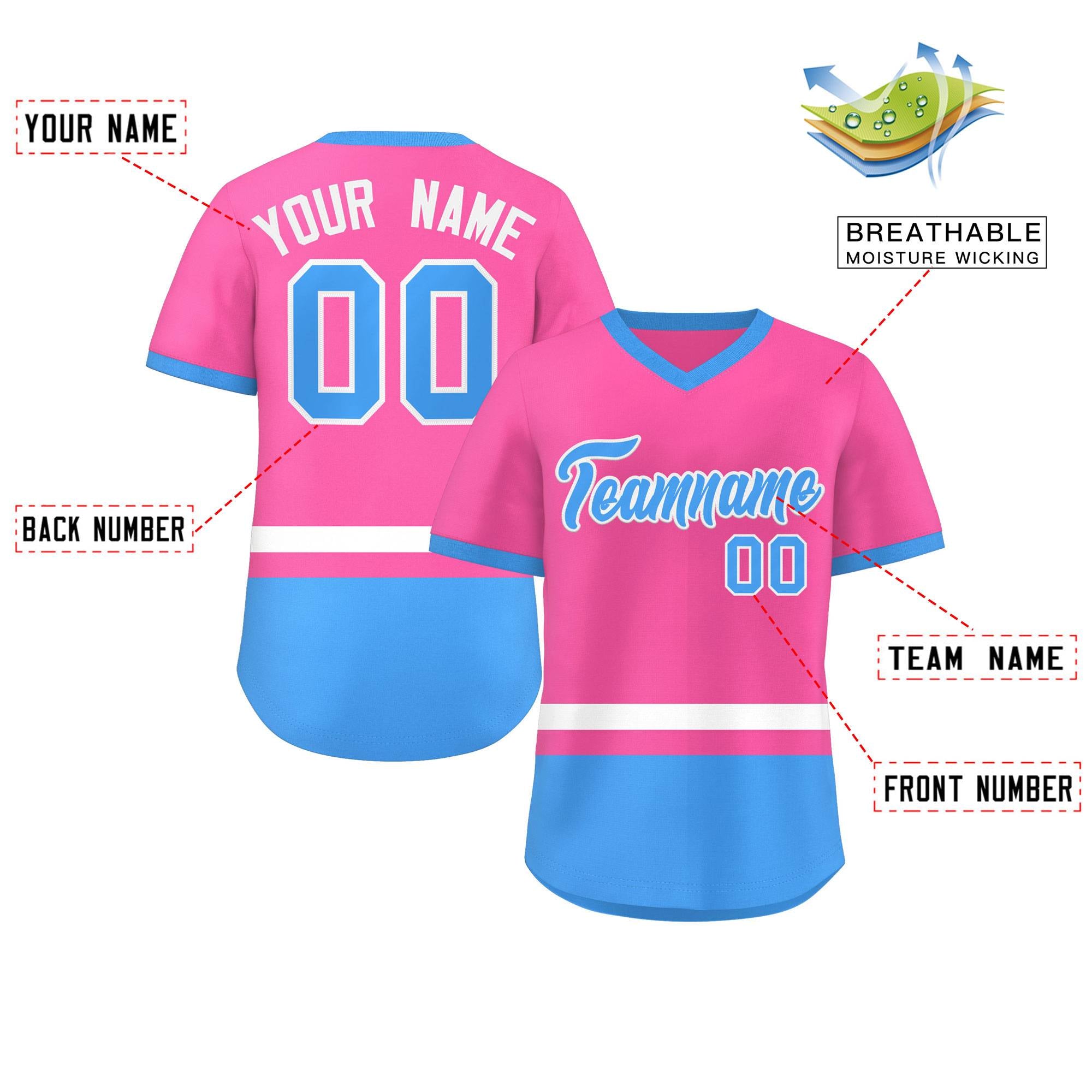 Custom Pink White-Powder Blue Color Block Personalized V-Neck Authentic Pullover Baseball Jersey