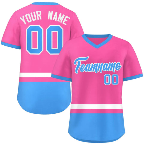 Custom Pink White-Powder Blue Color Block Personalized V-Neck Authentic Pullover Baseball Jersey