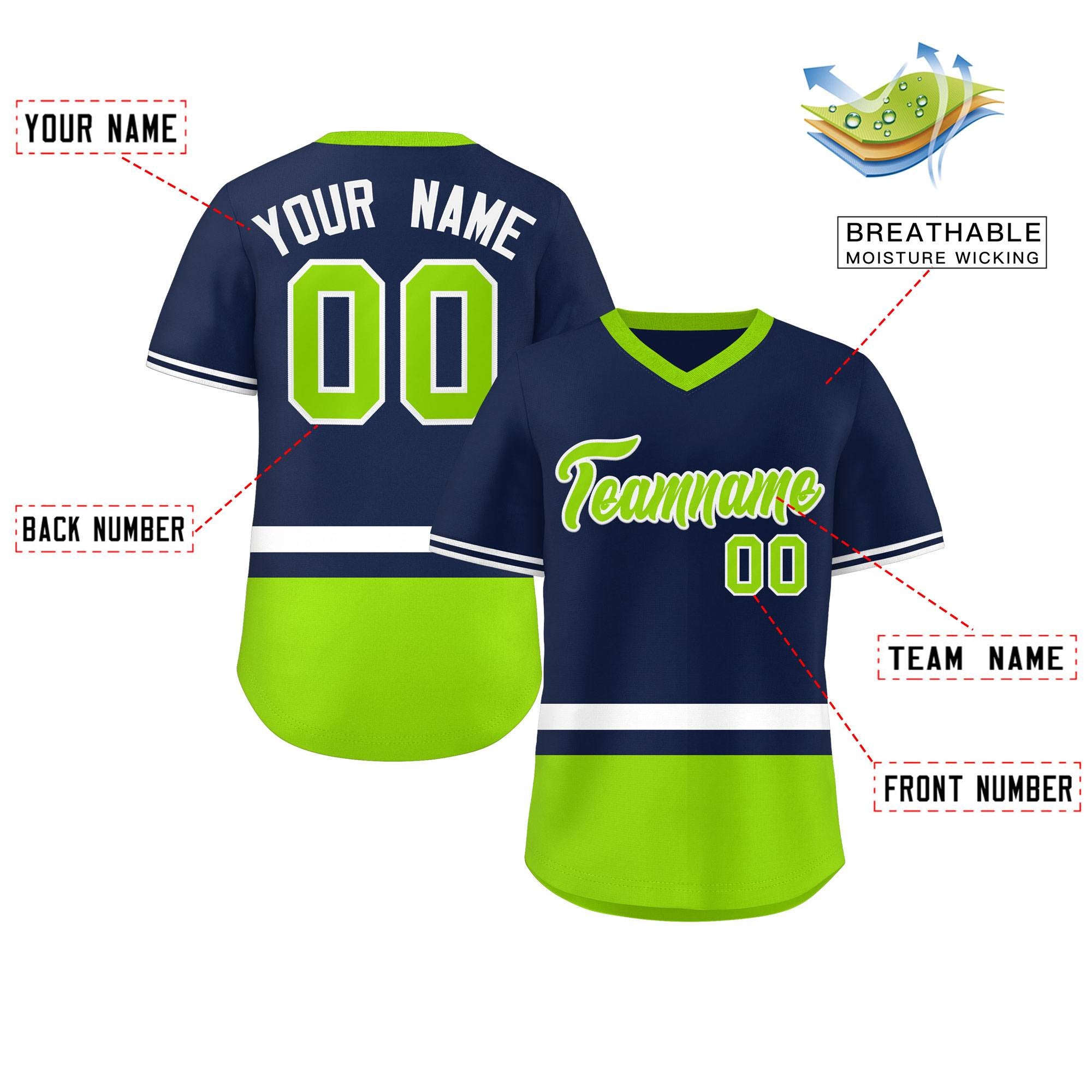 Custom Navy White-Neon Green Color Block Personalized V-Neck Authentic Pullover Baseball Jersey