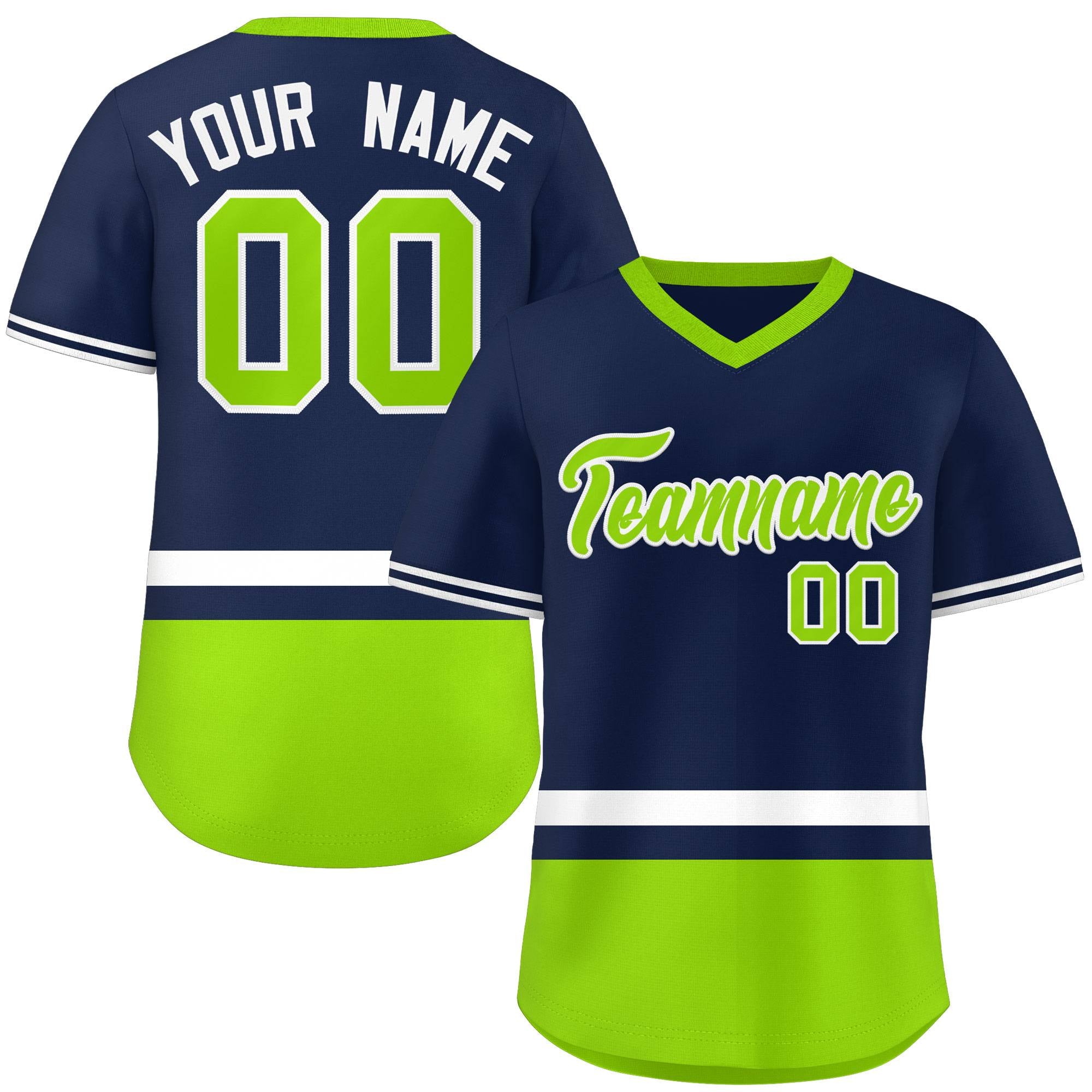 Custom Navy White-Neon Green Color Block Personalized V-Neck Authentic Pullover Baseball Jersey