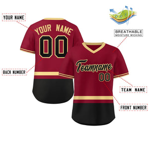 Custom Crimson Khaki-Black Color Block Personalized V-Neck Authentic Pullover Baseball Jersey