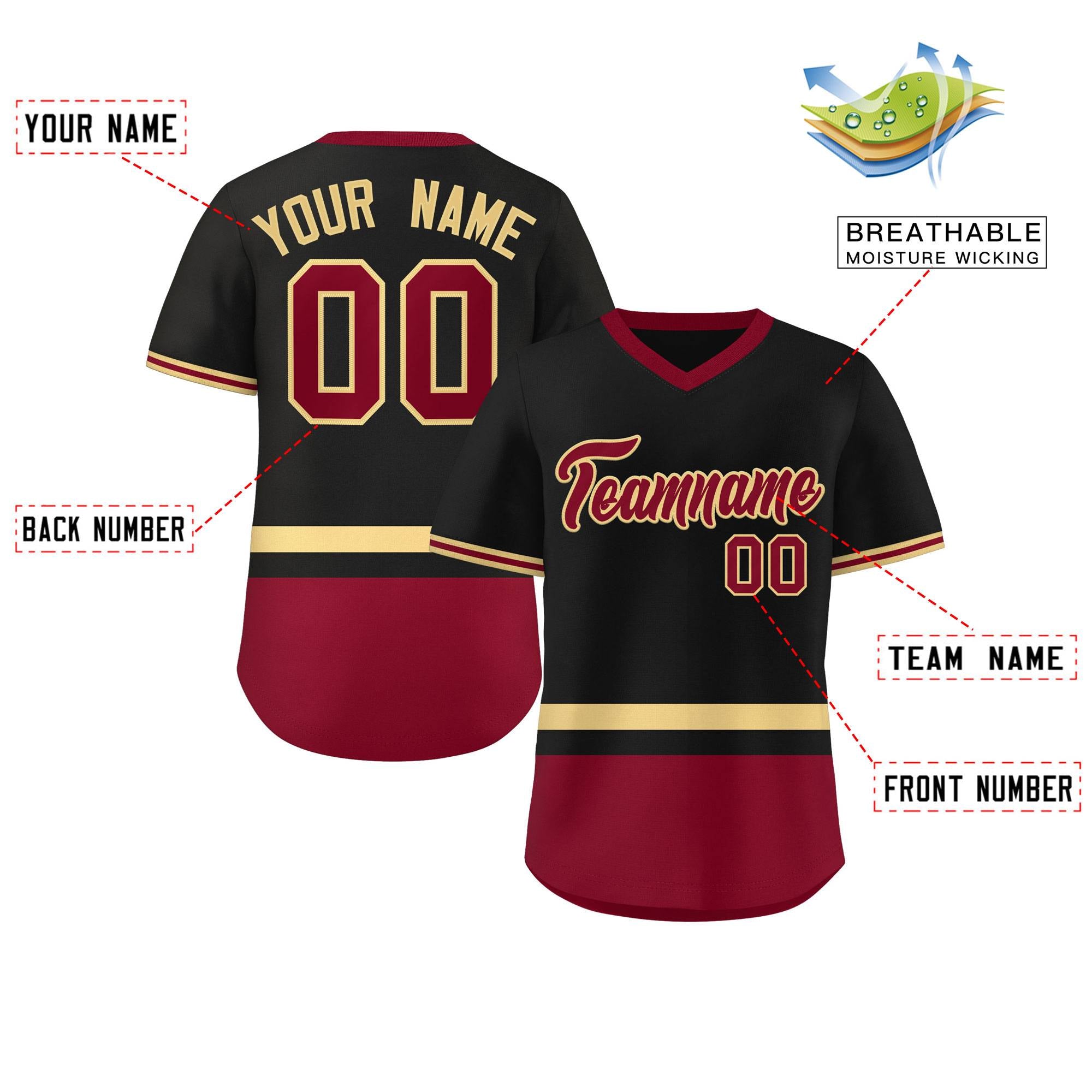 Custom Black Khaki-Crimson Color Block Personalized V-Neck Authentic Pullover Baseball Jersey