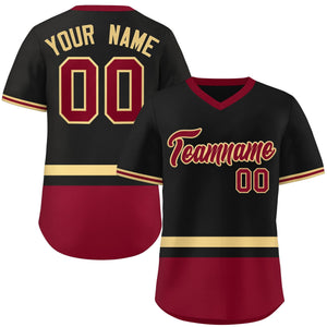 Custom Black Khaki-Crimson Color Block Personalized V-Neck Authentic Pullover Baseball Jersey