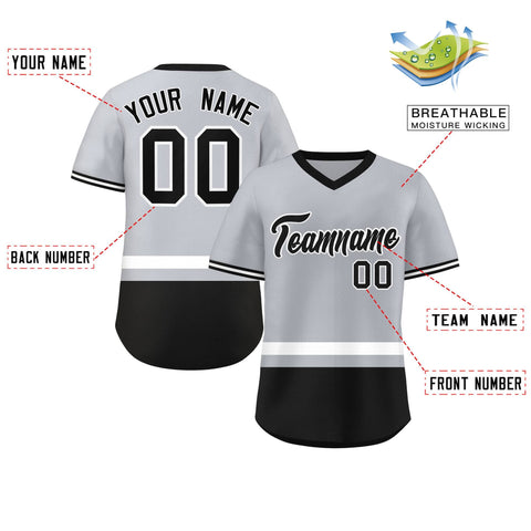 Custom Gray White-Black Color Block Personalized V-Neck Authentic Pullover Baseball Jersey