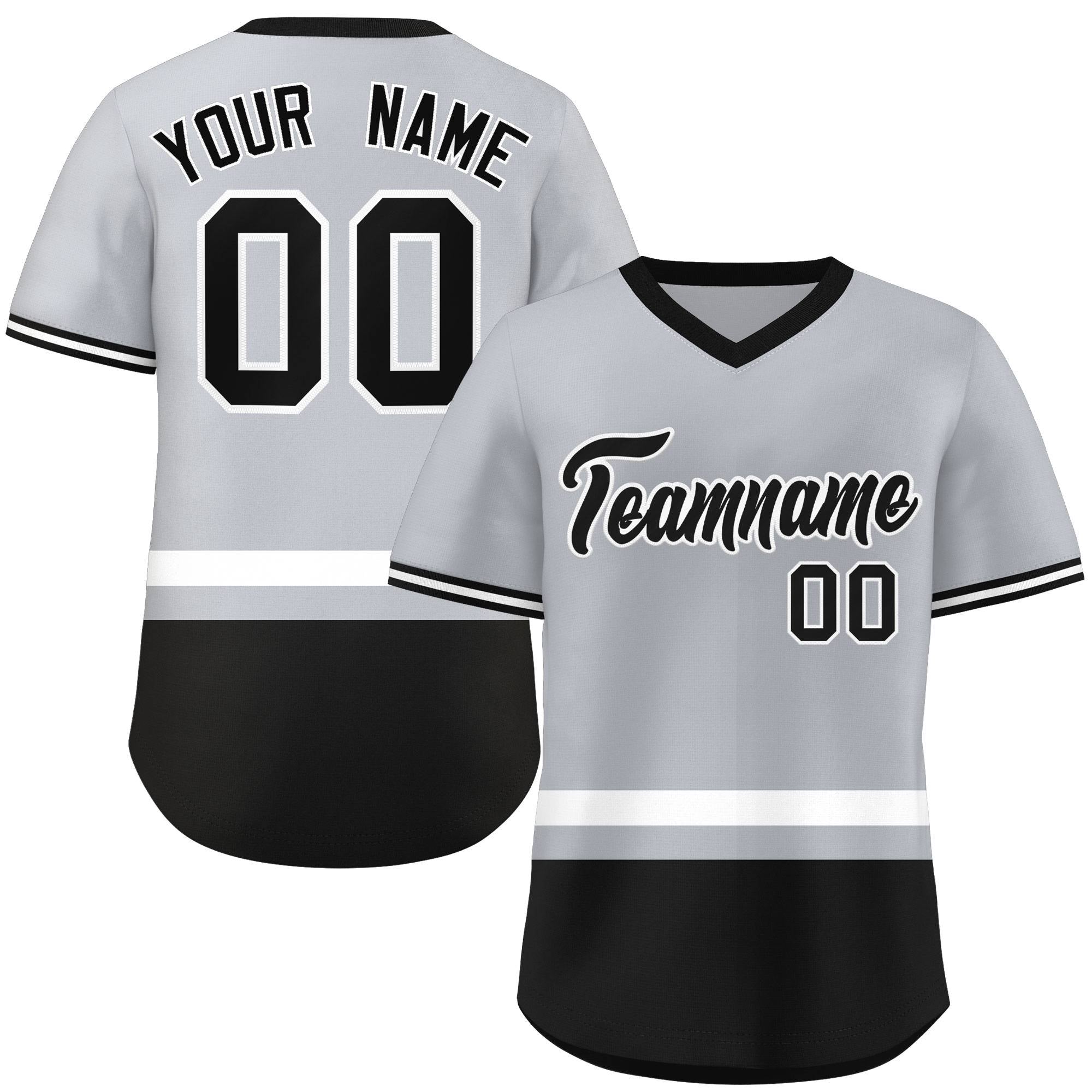 Custom Gray White-Black Color Block Personalized V-Neck Authentic Pullover Baseball Jersey