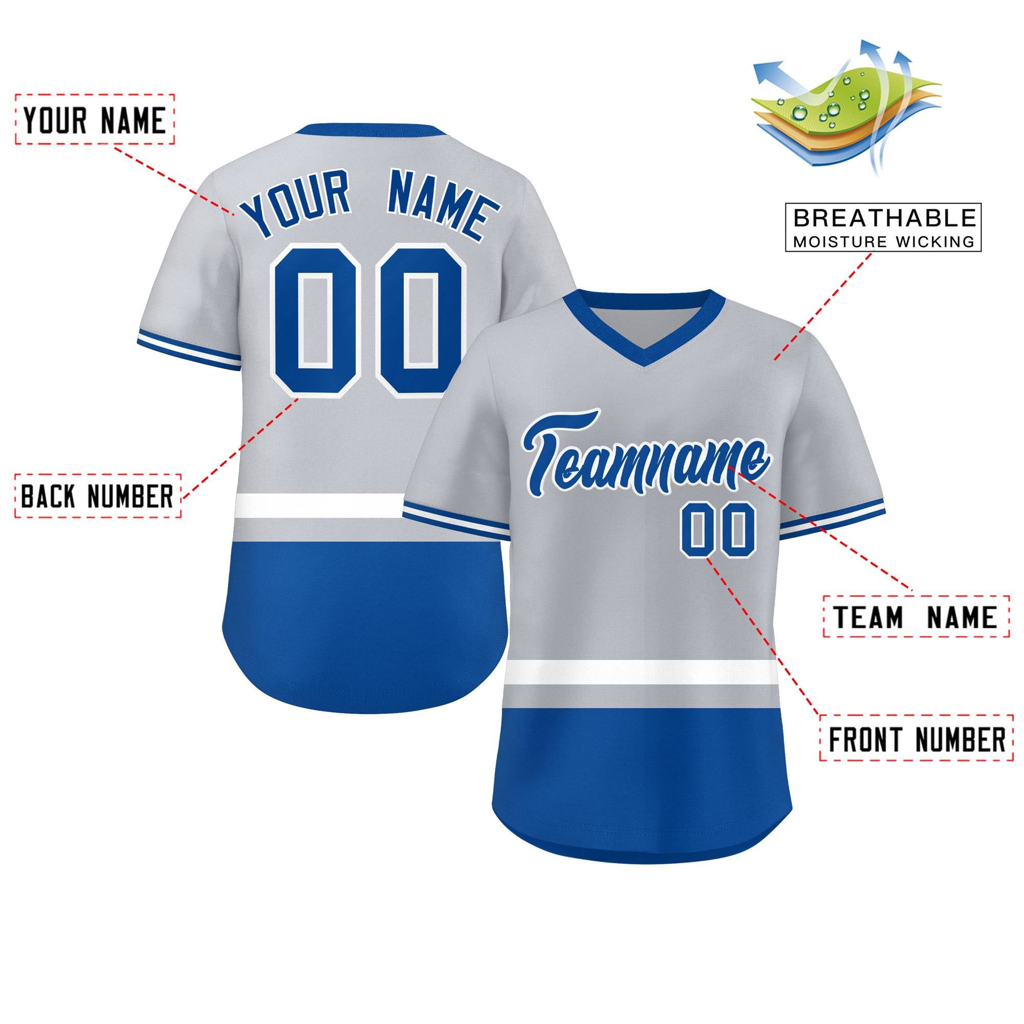 Custom Gray White-Royal Color Block Personalized V-Neck Authentic Pullover Baseball Jersey