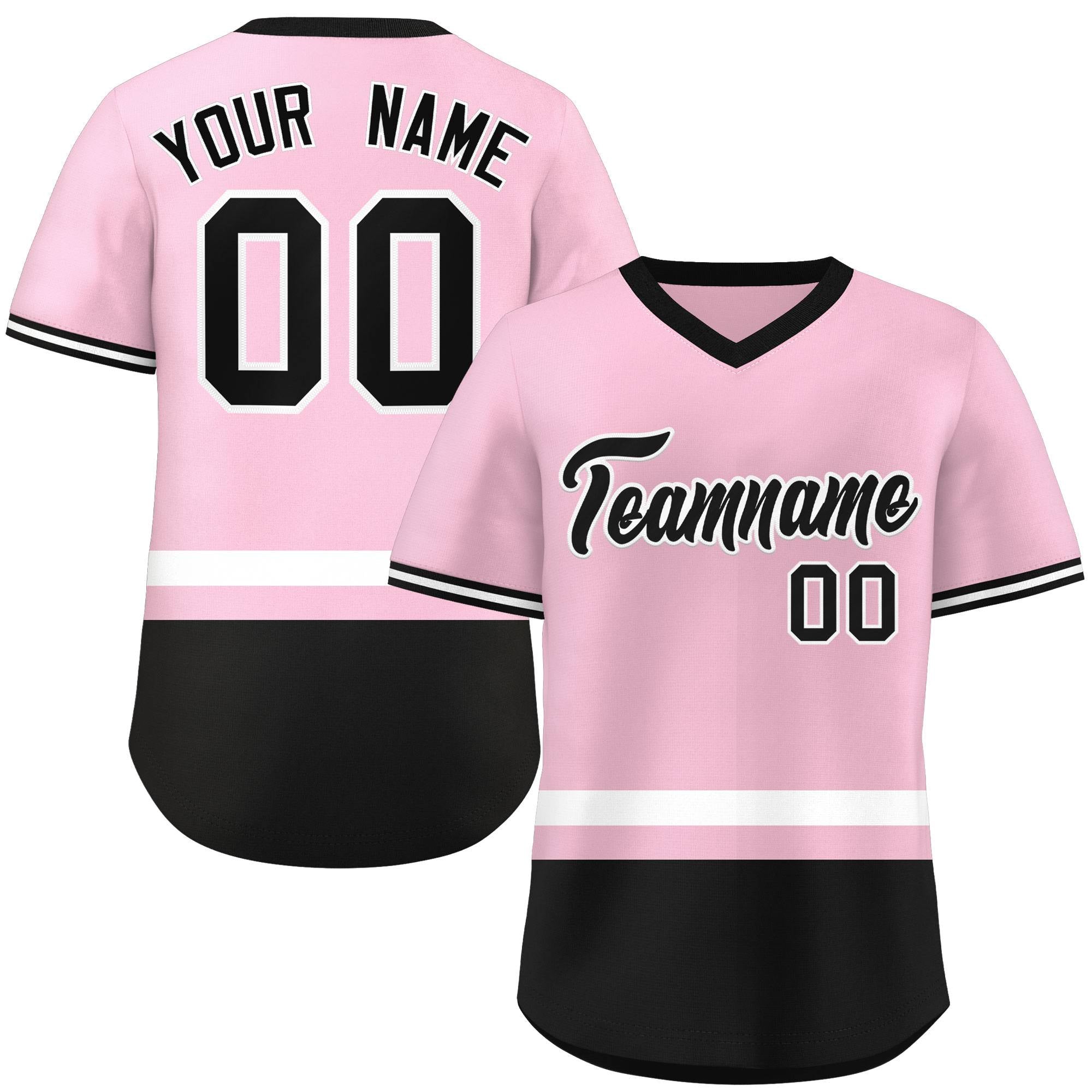 Custom Light Pink White-Black Color Block Personalized V-Neck Authentic Pullover Baseball Jersey