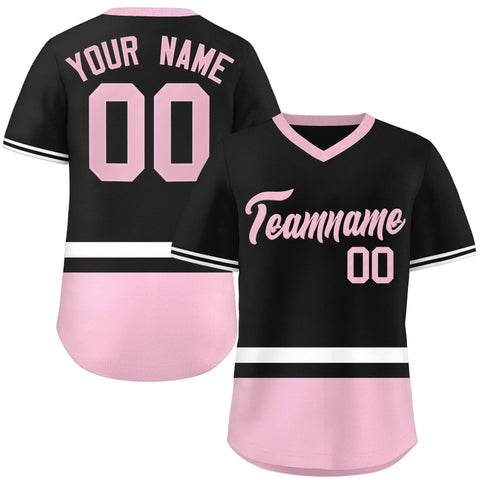 Custom Black White-Light Pink Color Block Personalized V-Neck Authentic Pullover Baseball Jersey