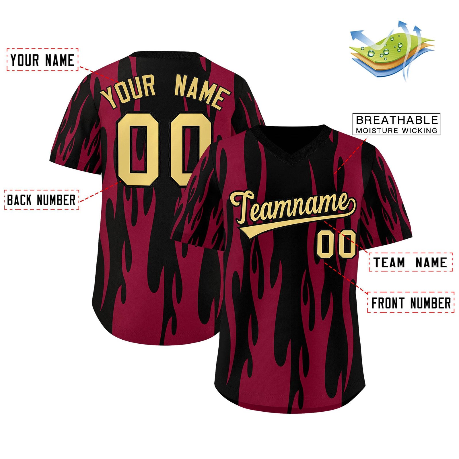 Custom Black Crimson Flame Pattern Authentic Pullover Baseball Jersey