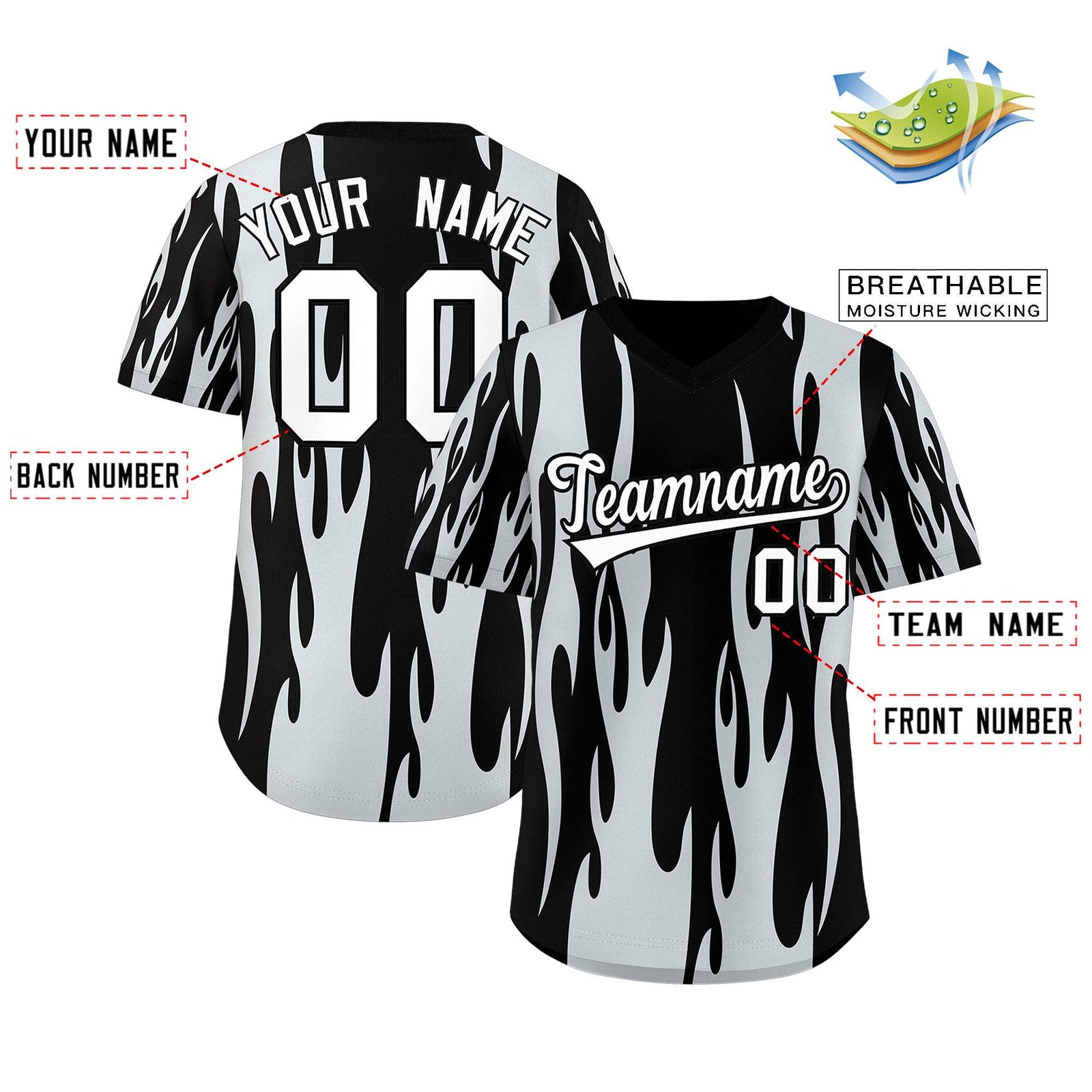 Custom Black Silver Flame Pattern Authentic Pullover Baseball Jersey