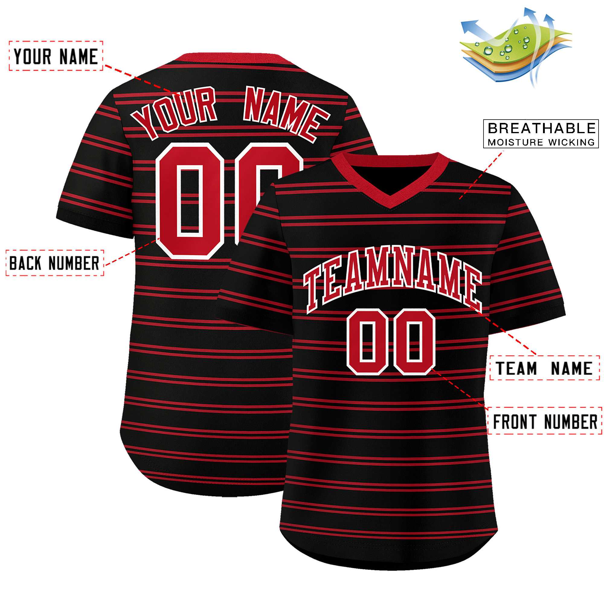 Custom Black Red Personalized Horizontal Stripe Authentic Pullover Baseball Jersey