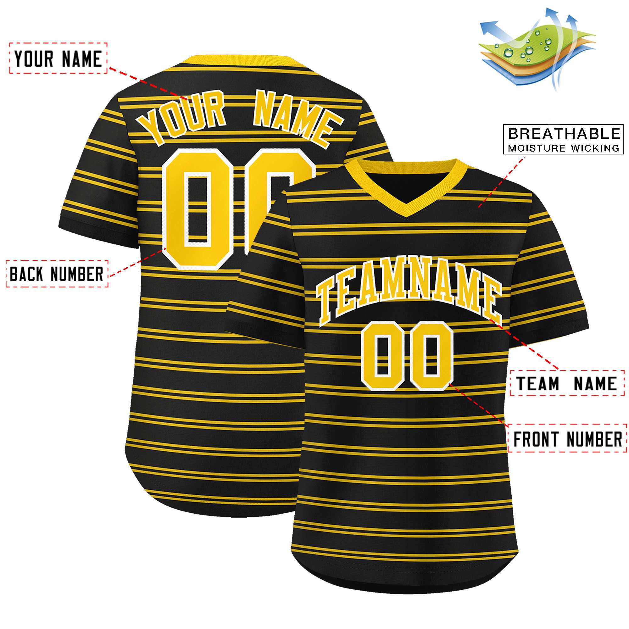 Custom Black Gold Personalized Horizontal Stripe Authentic Pullover Baseball Jersey