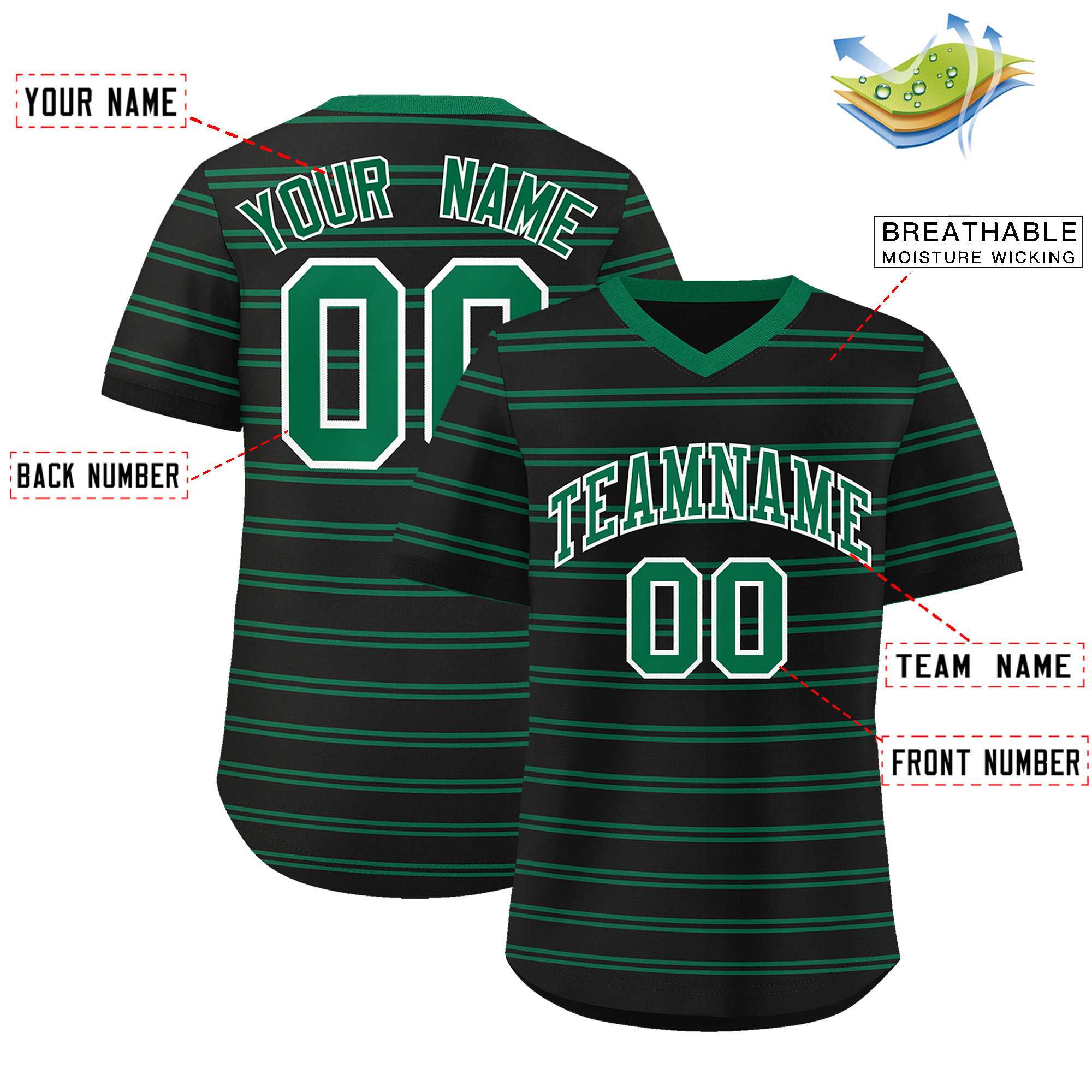 Custom Black Kelly Green Personalized Horizontal Stripe Authentic Pullover Baseball Jersey