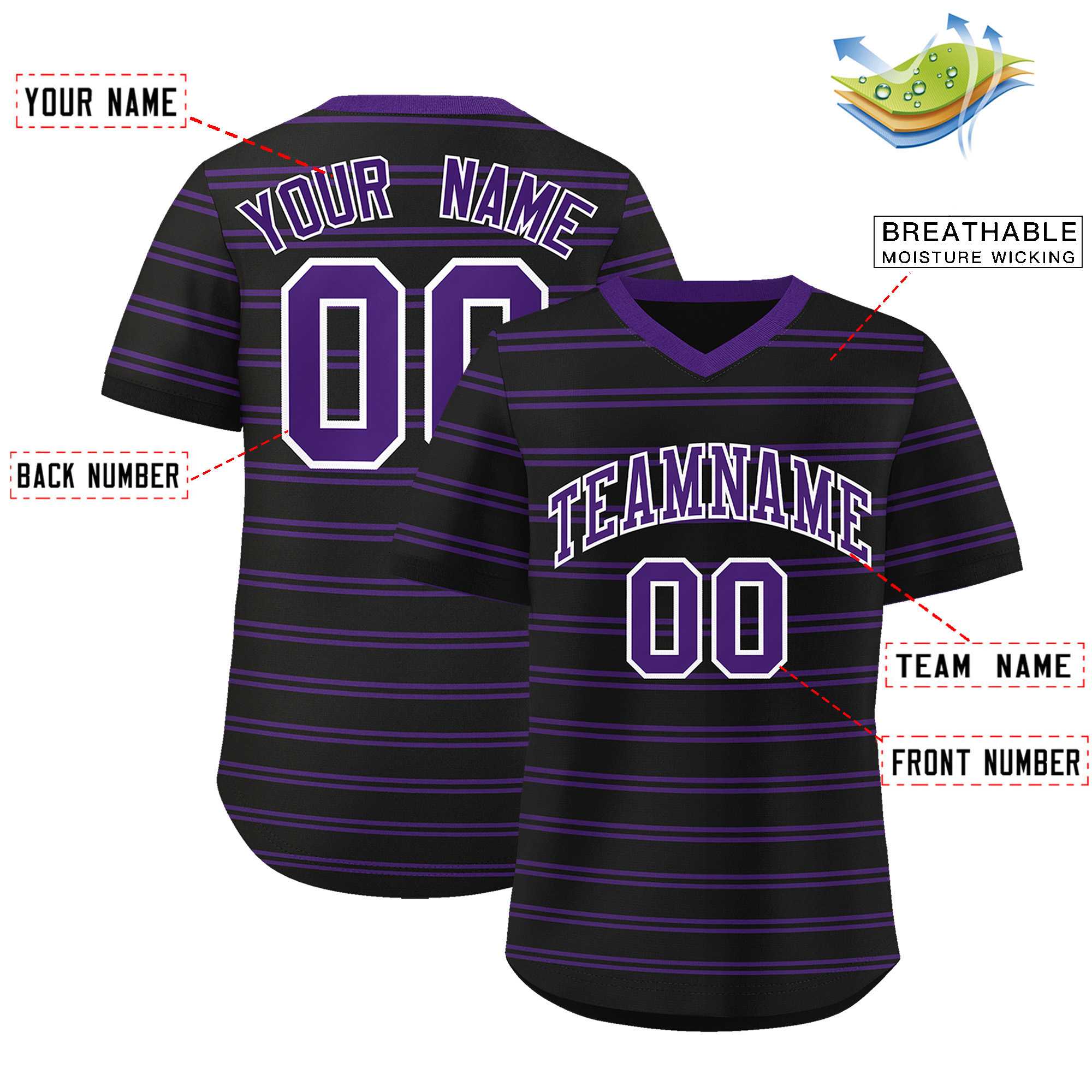 Custom Black Purple Personalized Horizontal Stripe Authentic Pullover Baseball Jersey