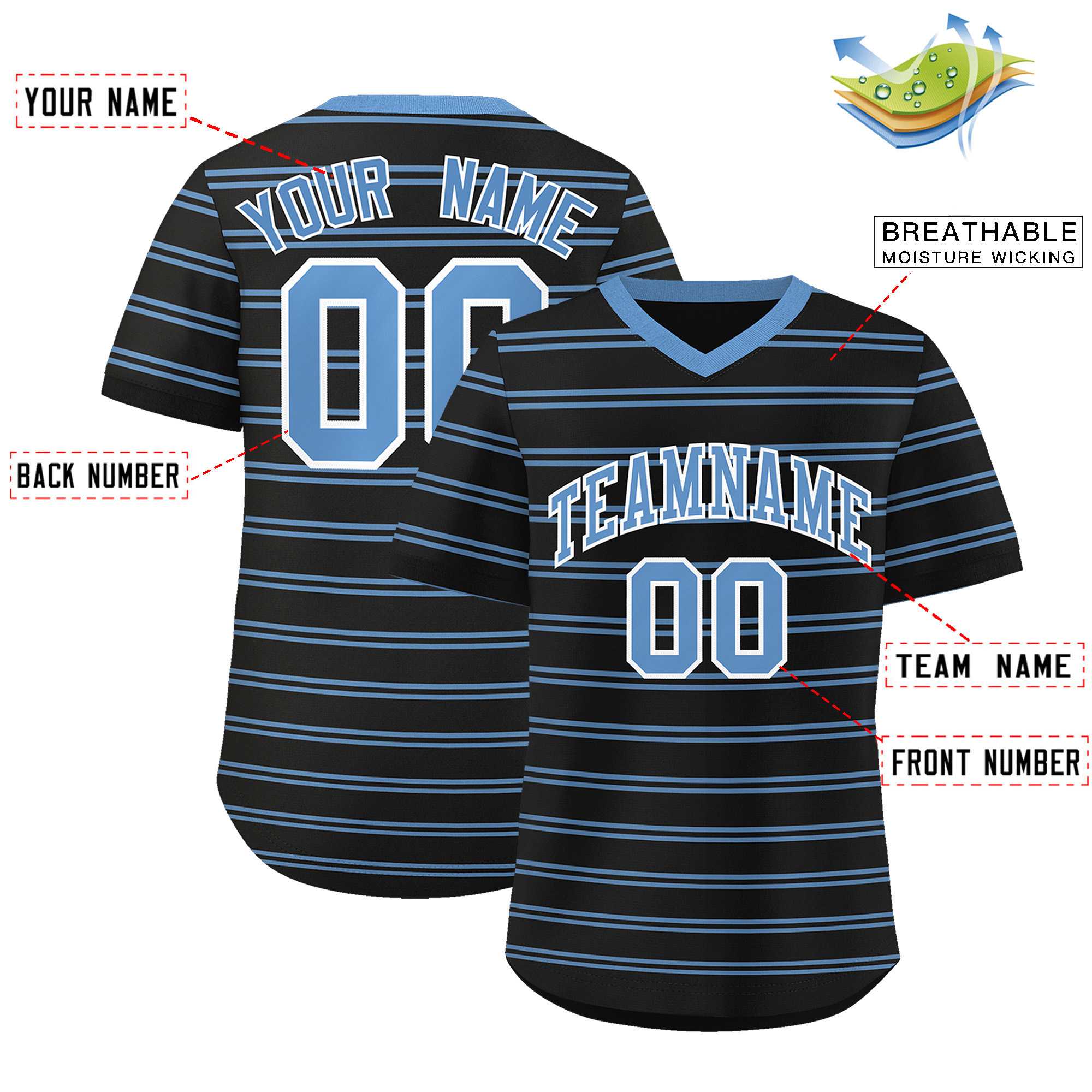 Custom Black Light Blue Personalized Horizontal Stripe Authentic Pullover Baseball Jersey