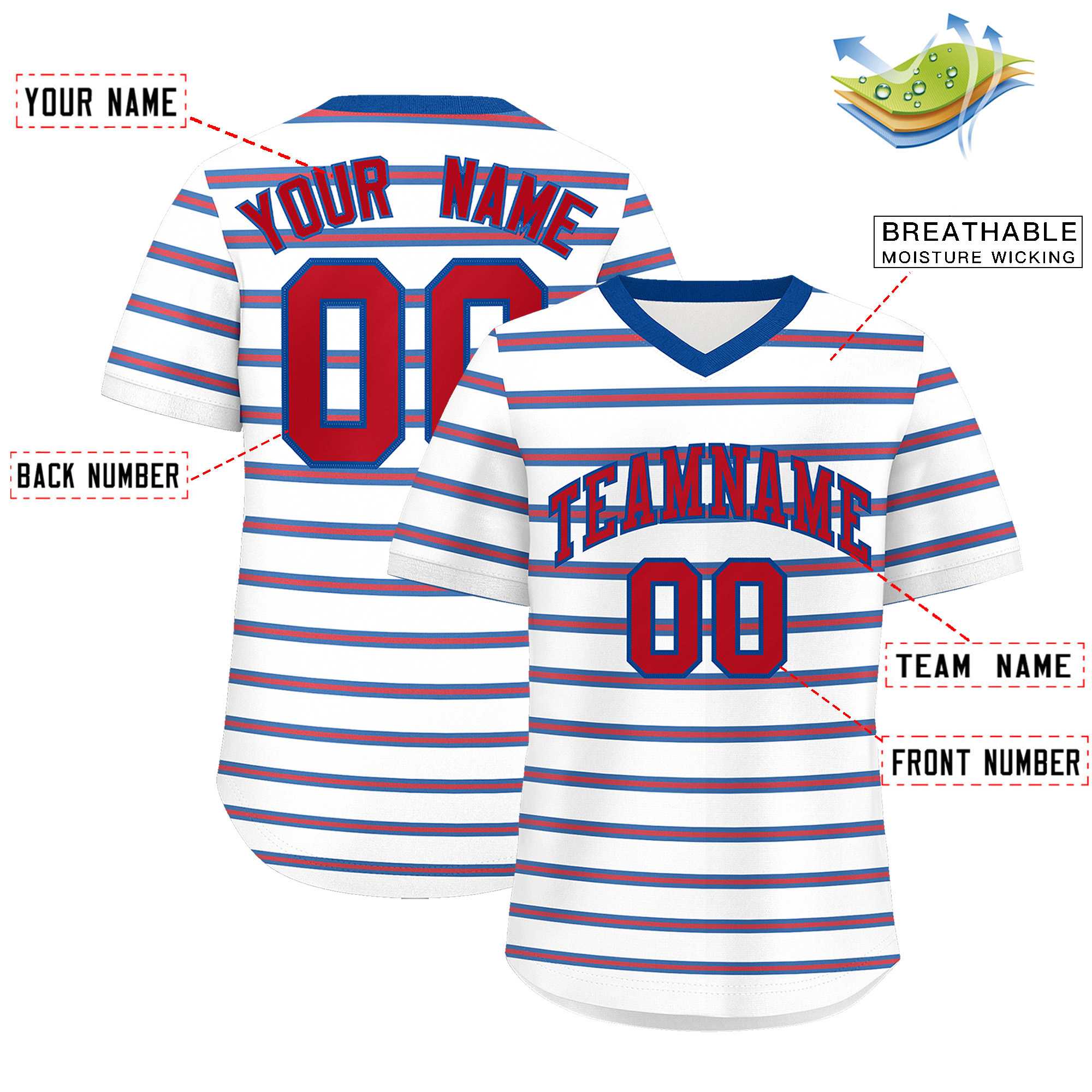 Custom White Royal-Red Personalized Horizontal Stripe Authentic Pullover Baseball Jersey