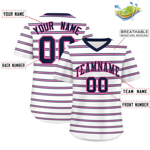 Custom White Navy-Pink Personalized Horizontal Stripe Authentic Pullover Baseball Jersey