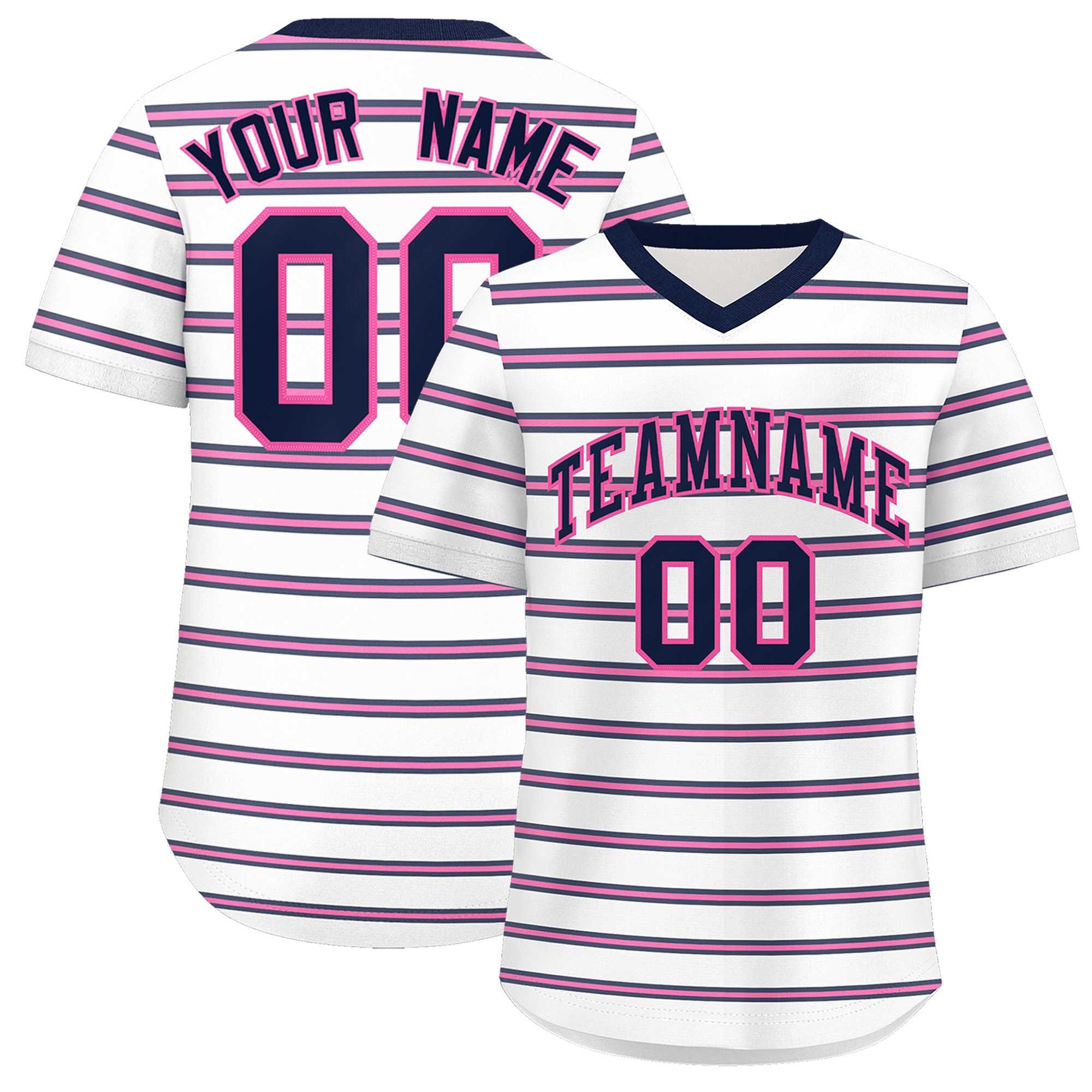 Custom White Navy-Pink Personalized Horizontal Stripe Authentic Pullover Baseball Jersey