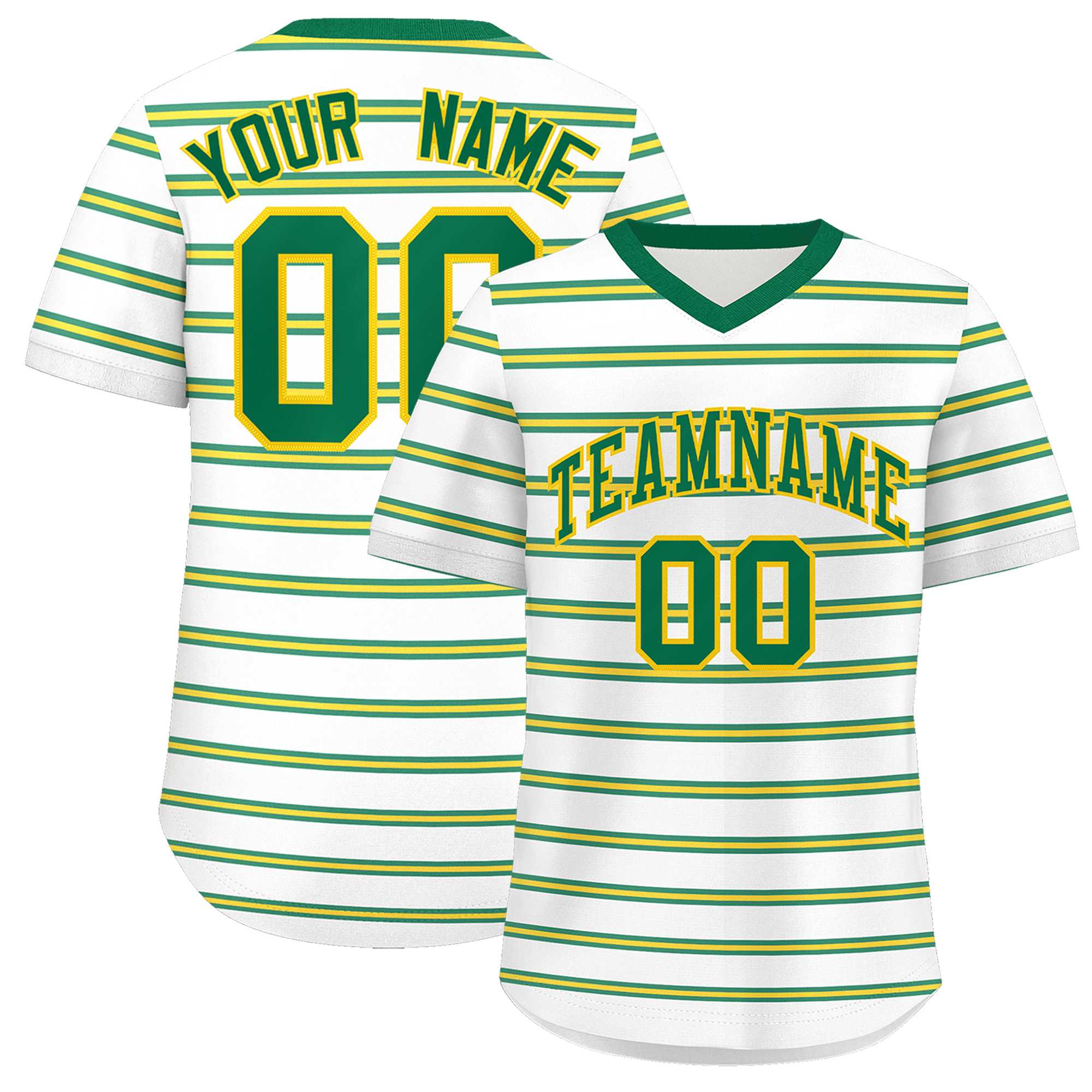 Custom White Kelly Green-Gold Personalized Horizontal Stripe Authentic Pullover Baseball Jersey