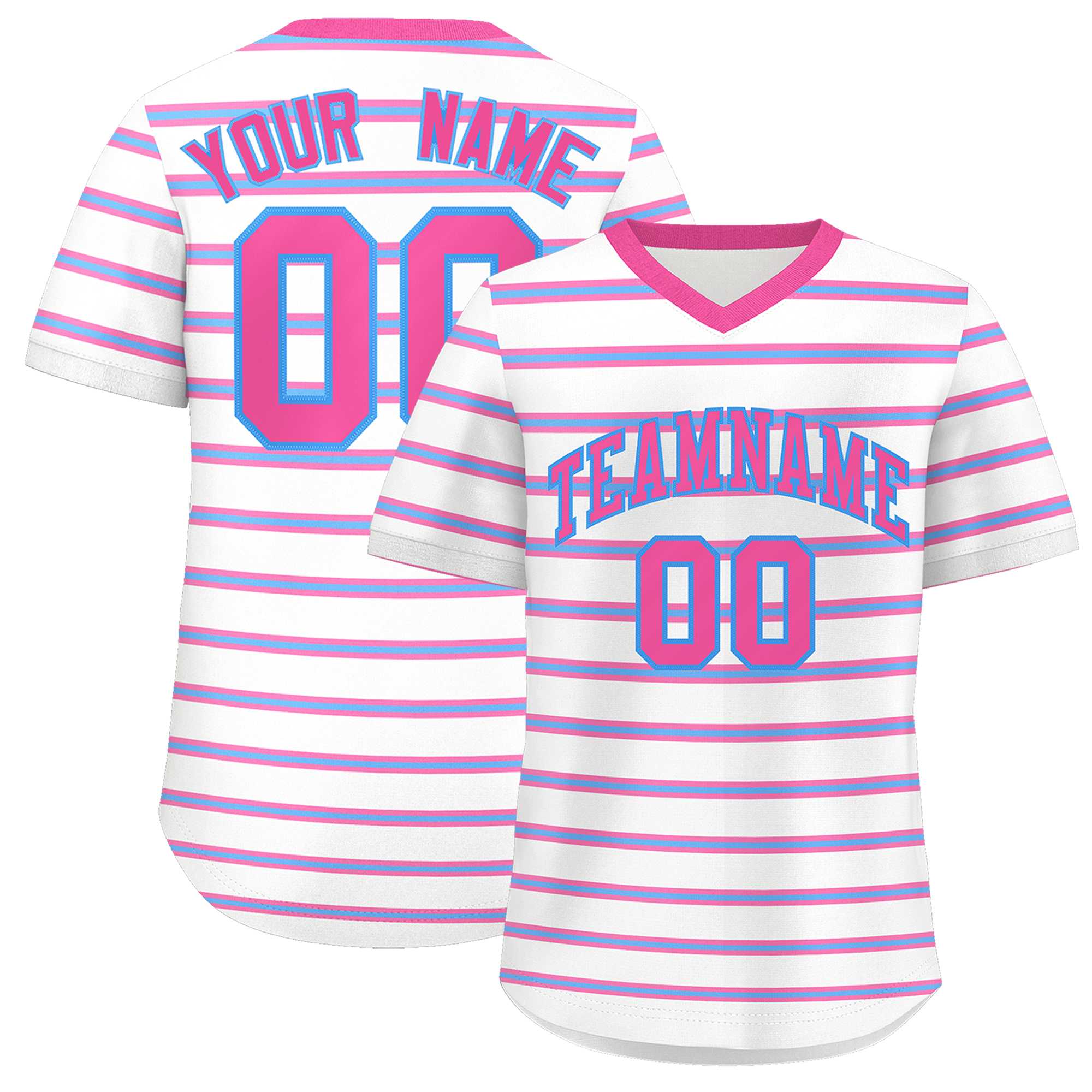 Custom White Pink-Powder Blue Personalized Horizontal Stripe Authentic Pullover Baseball Jersey