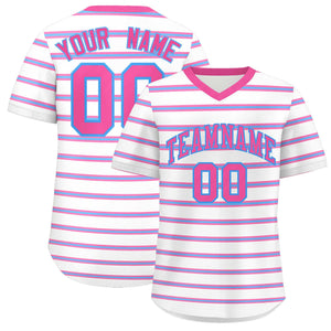 Custom White Pink-Powder Blue Personalized Horizontal Stripe Authentic Pullover Baseball Jersey