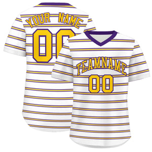 Custom White Purple-Yellow Personalized Horizontal Stripe Authentic Pullover Baseball Jersey