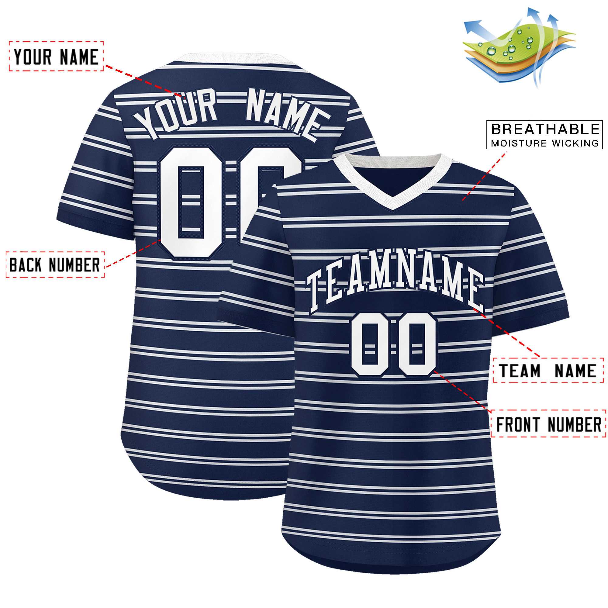 Custom Navy White Personalized Horizontal Stripe Authentic Pullover Baseball Jersey