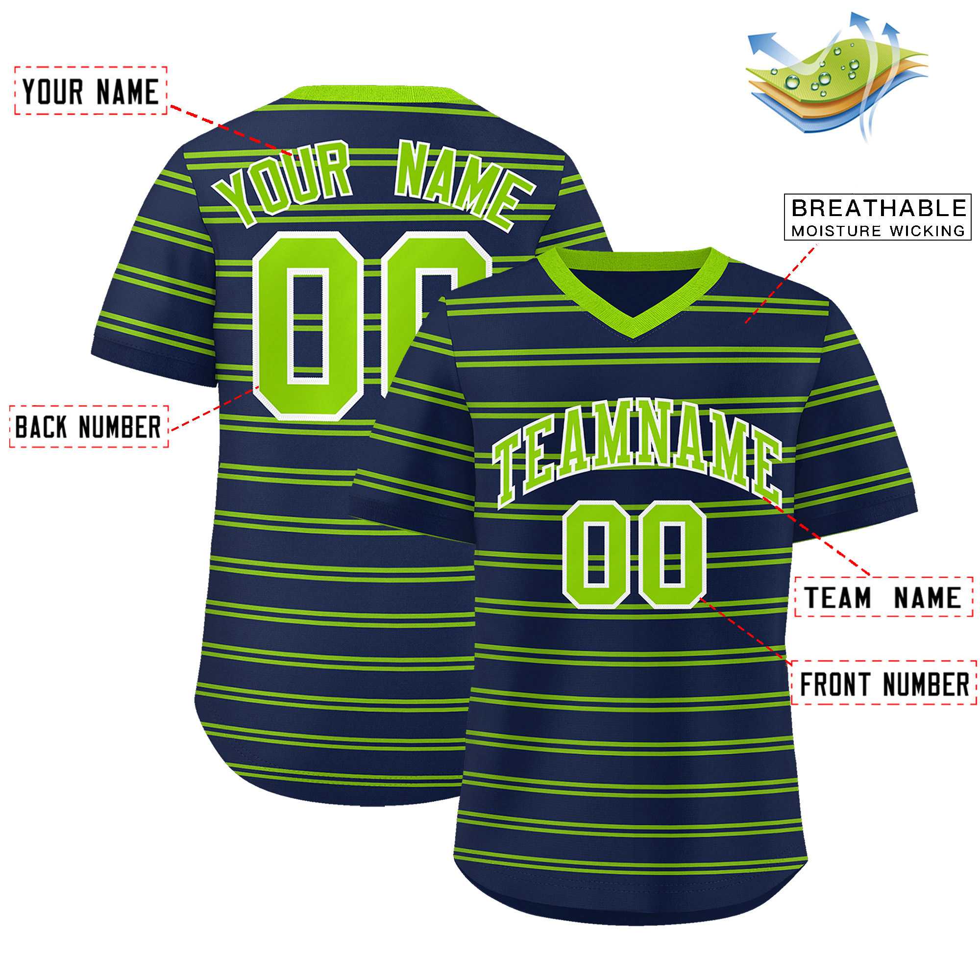 Custom Navy Neon Green Personalized Horizontal Stripe Authentic Pullover Baseball Jersey