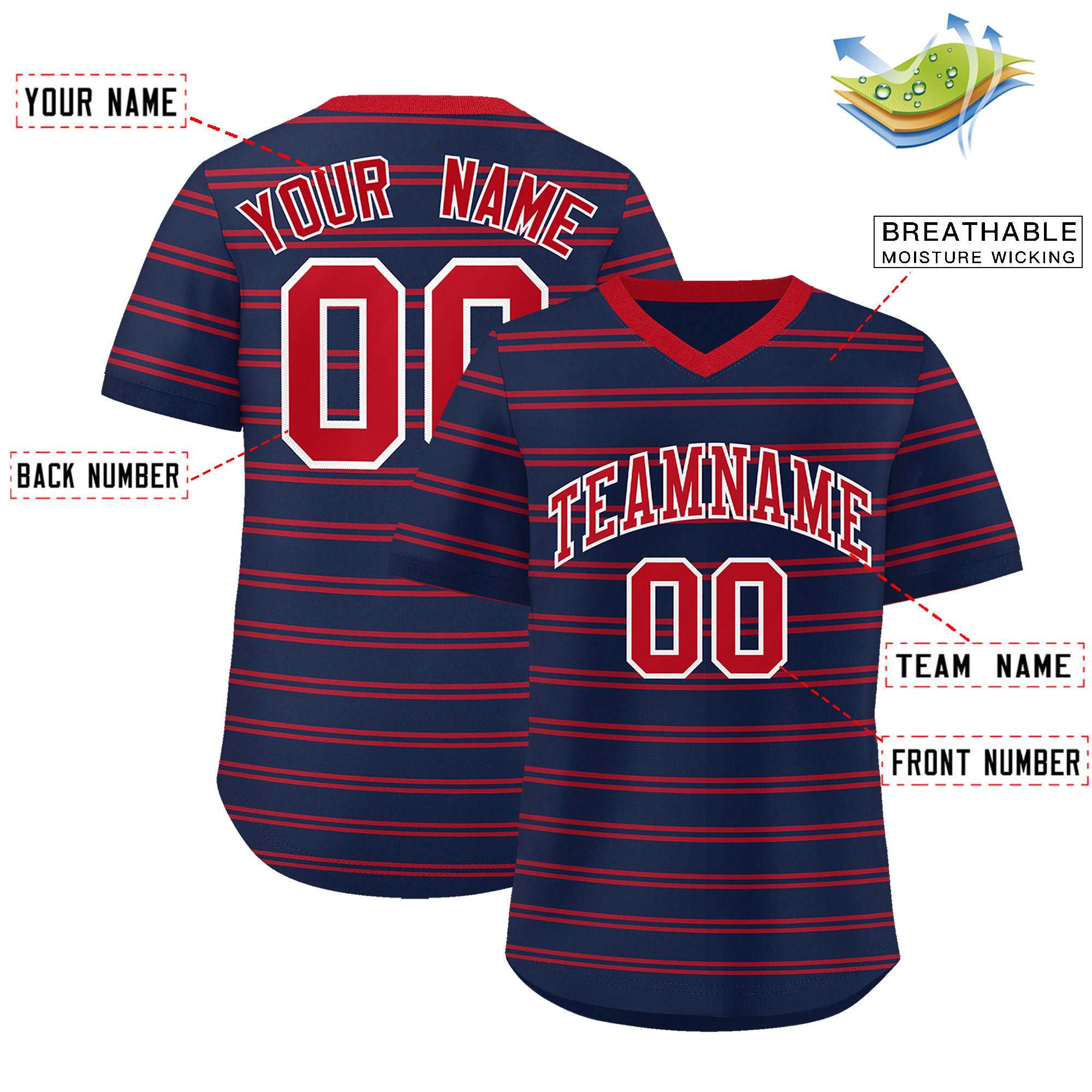 Custom Navy Red Personalized Horizontal Stripe Authentic Pullover Baseball Jersey