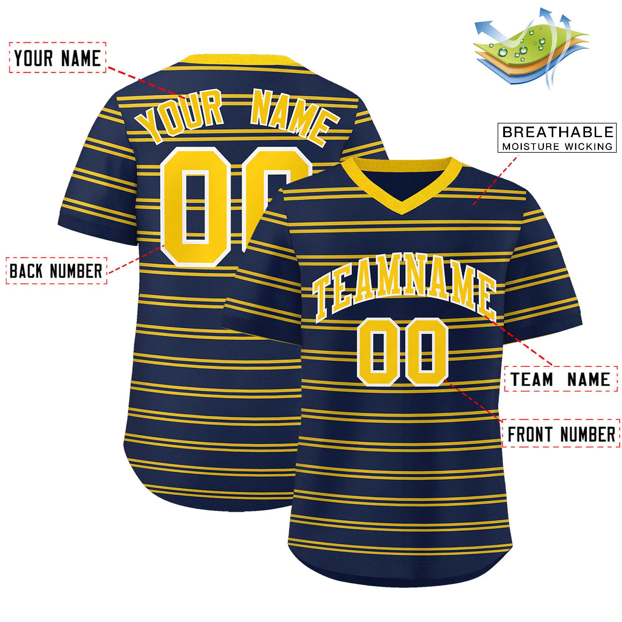 Custom Navy Gold Personalized Horizontal Stripe Authentic Pullover Baseball Jersey