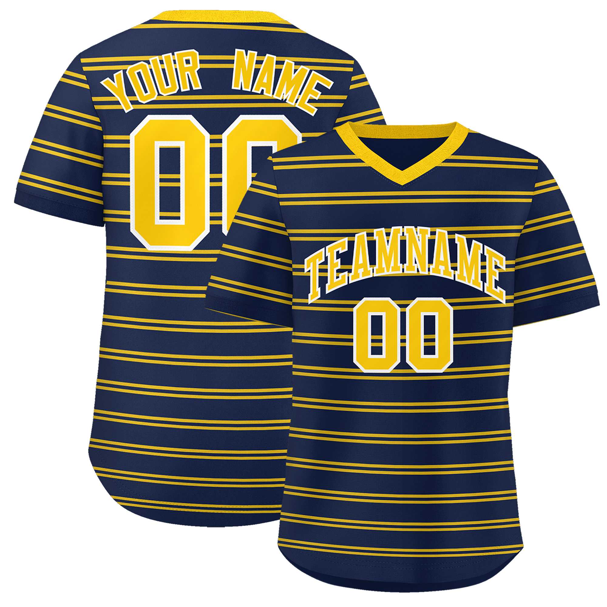 Custom Navy Gold Personalized Horizontal Stripe Authentic Pullover Baseball Jersey