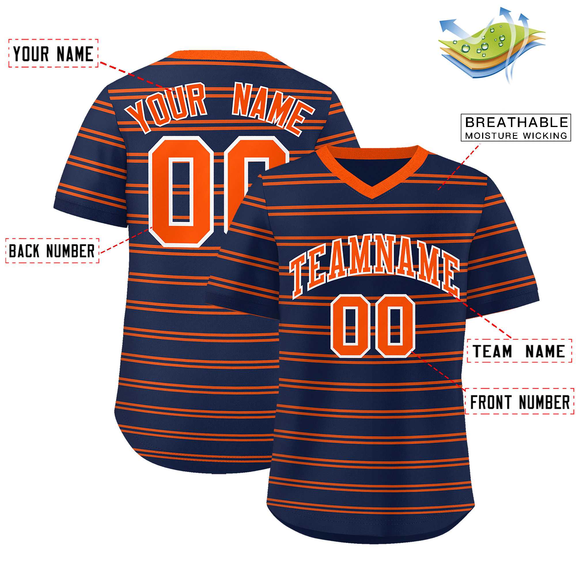 Custom Navy Orange Personalized Horizontal Stripe Authentic Pullover Baseball Jersey