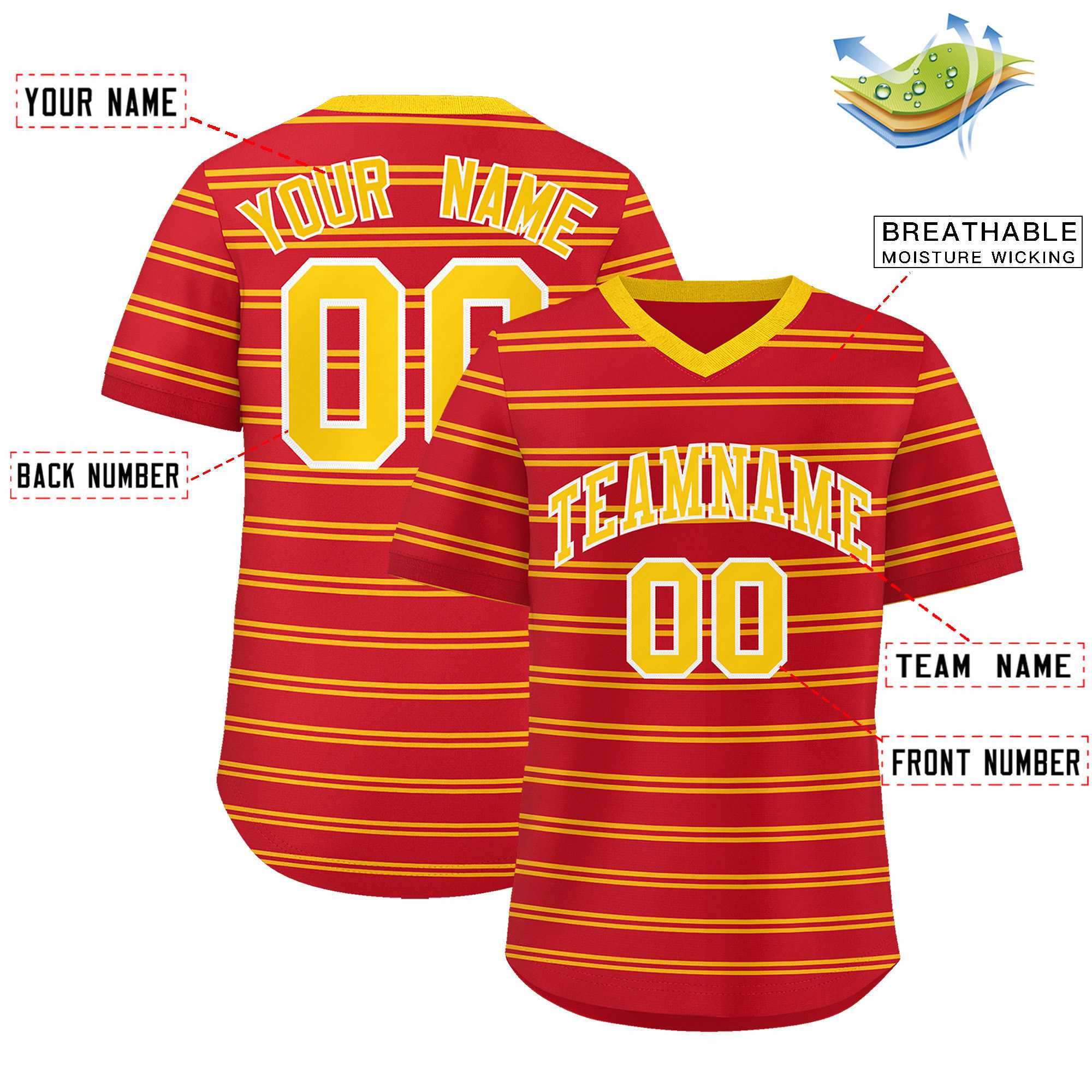 Custom Red Gold Personalized Horizontal Stripe Authentic Pullover Baseball Jersey