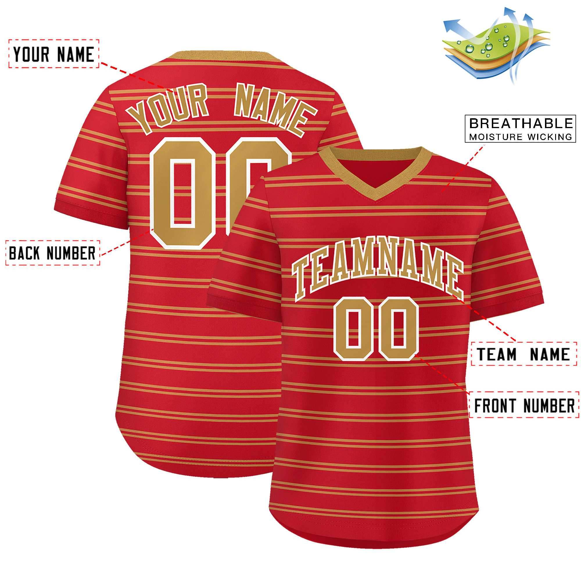 Custom Red Old Gold Personalized Horizontal Stripe Authentic Pullover Baseball Jersey