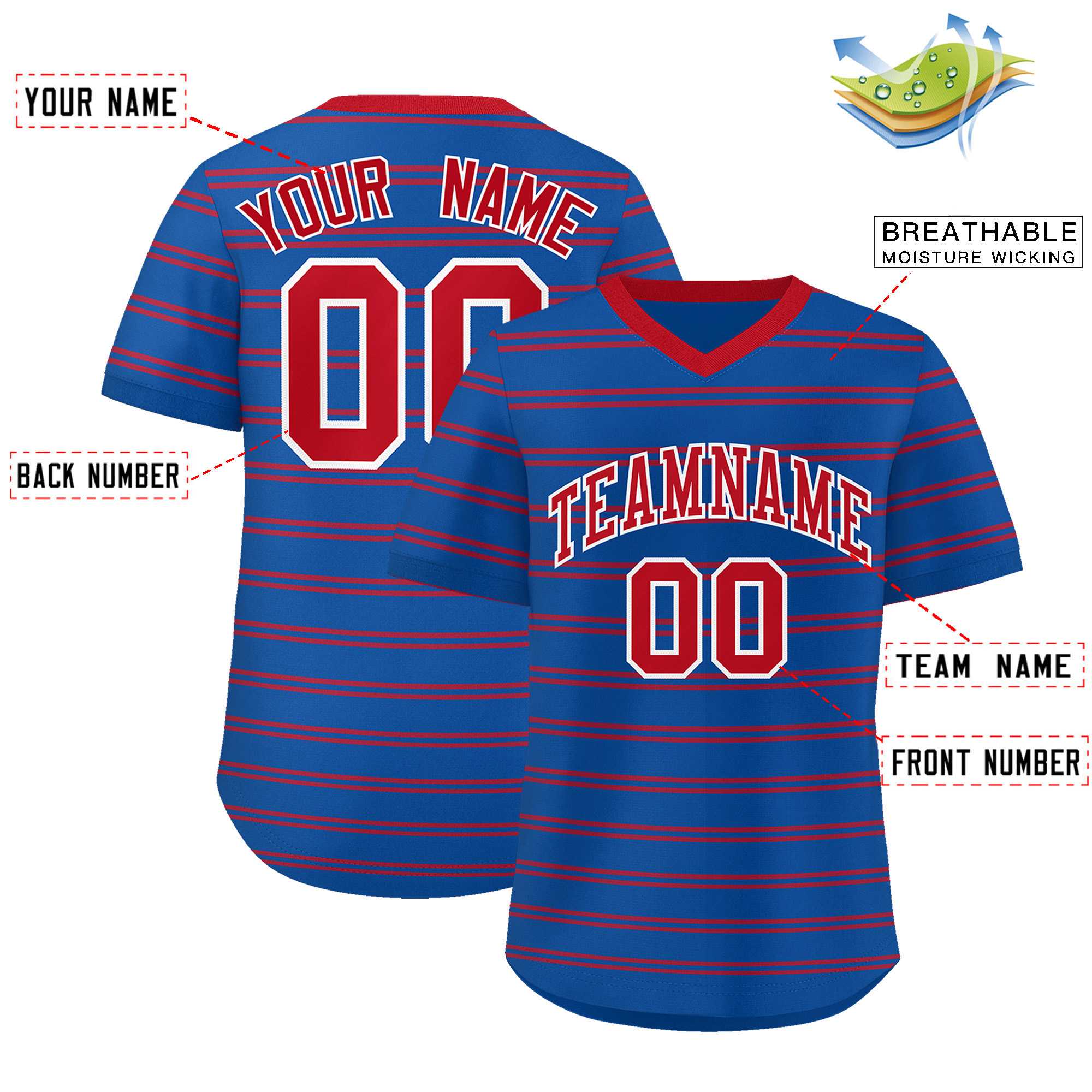 Custom Royal Red Personalized Horizontal Stripe Authentic Pullover Baseball Jersey