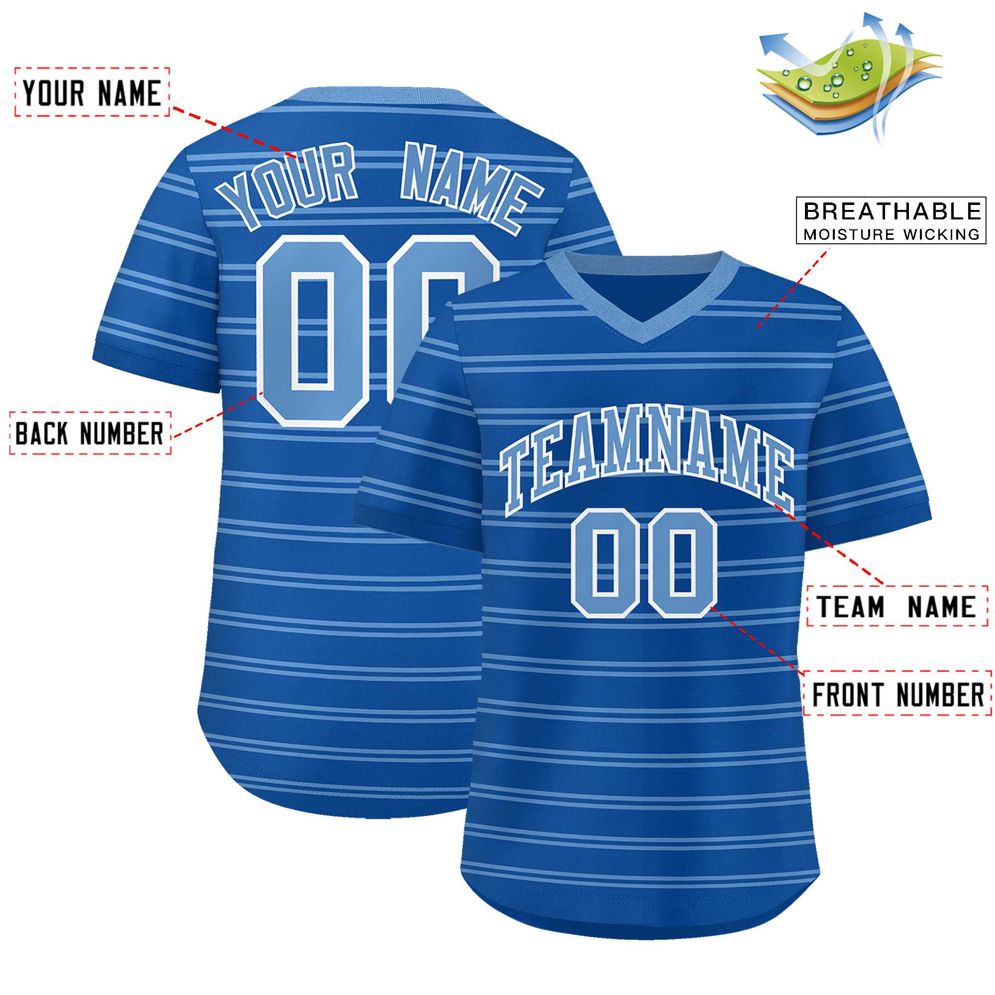 Custom Royal Light Blue Personalized Horizontal Stripe Authentic Pullover Baseball Jersey