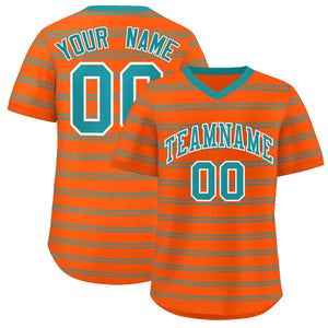 Custom Orange Aqua Personalized Horizontal Stripe Authentic Pullover Baseball Jersey