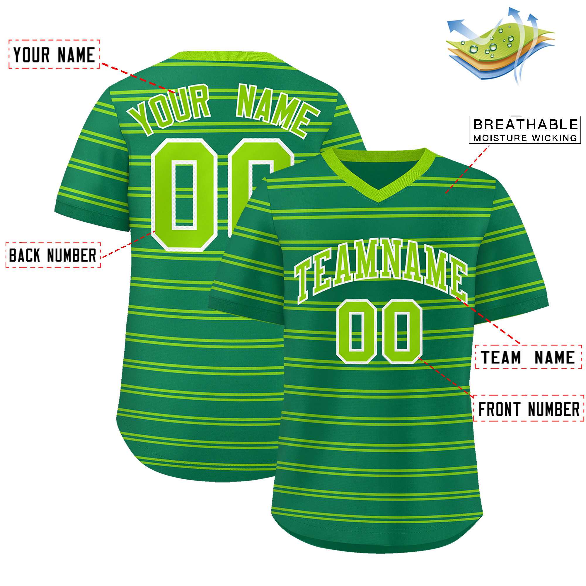 Custom Kelly Green Neon Green Personalized Horizontal Stripe Authentic Pullover Baseball Jersey