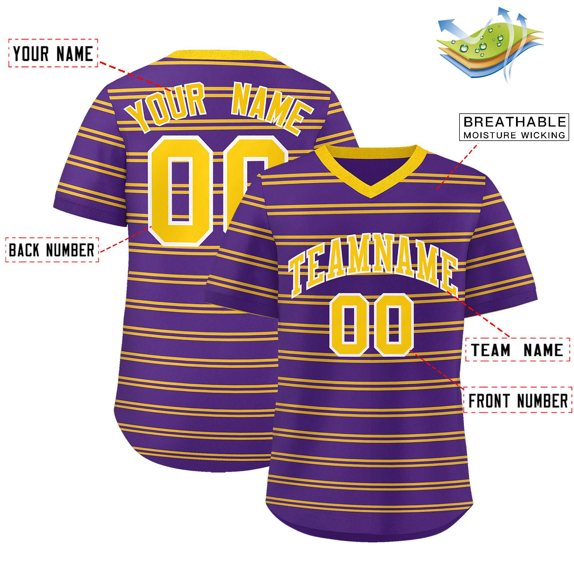 Custom Purple Gold Personalized Horizontal Stripe Authentic Pullover Baseball Jersey