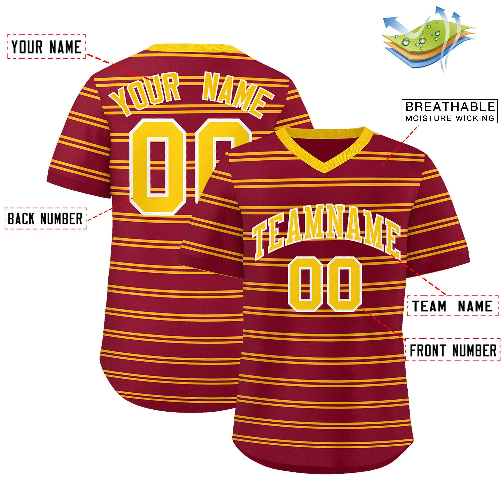 Custom Crimson Gold Personalized Horizontal Stripe Authentic Pullover Baseball Jersey