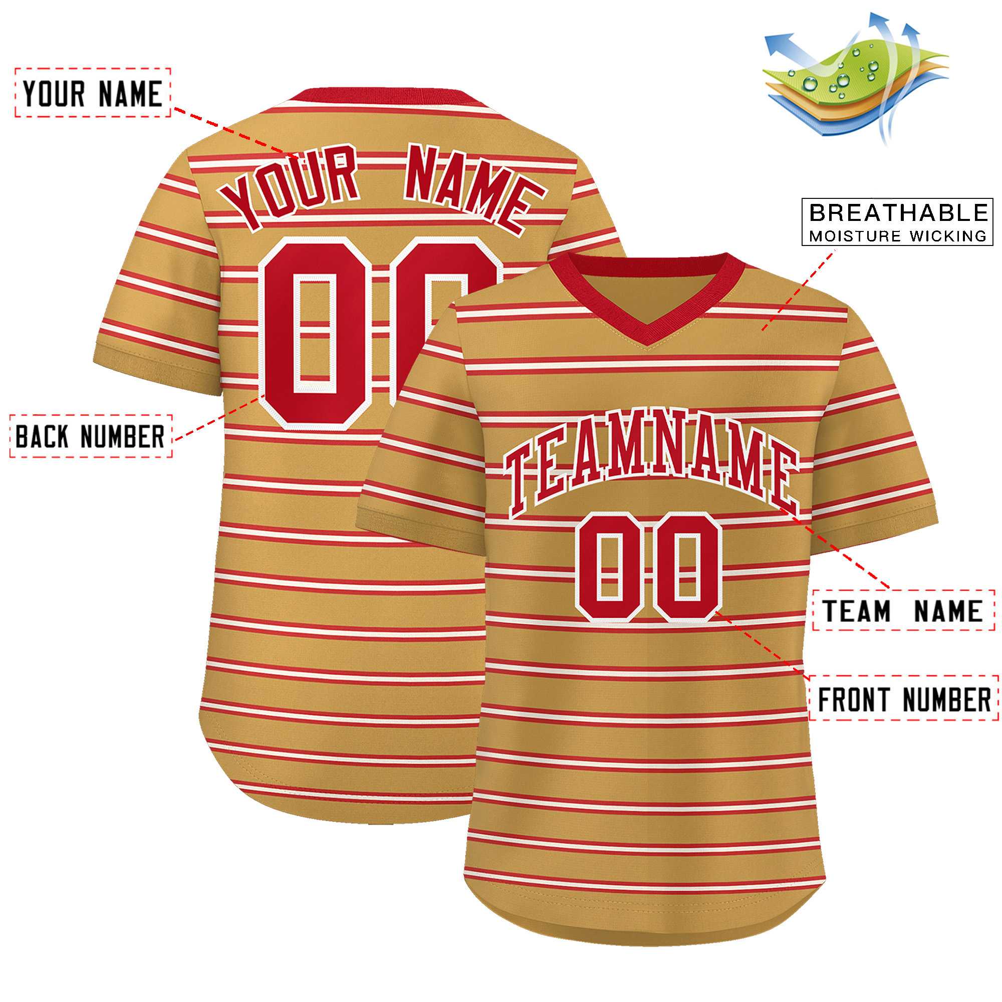 Custom Old Gold Red-White Personalized Horizontal Stripe Authentic Pullover Baseball Jersey