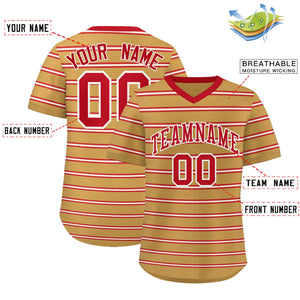 Custom Old Gold Red-White Personalized Horizontal Stripe Authentic Pullover Baseball Jersey