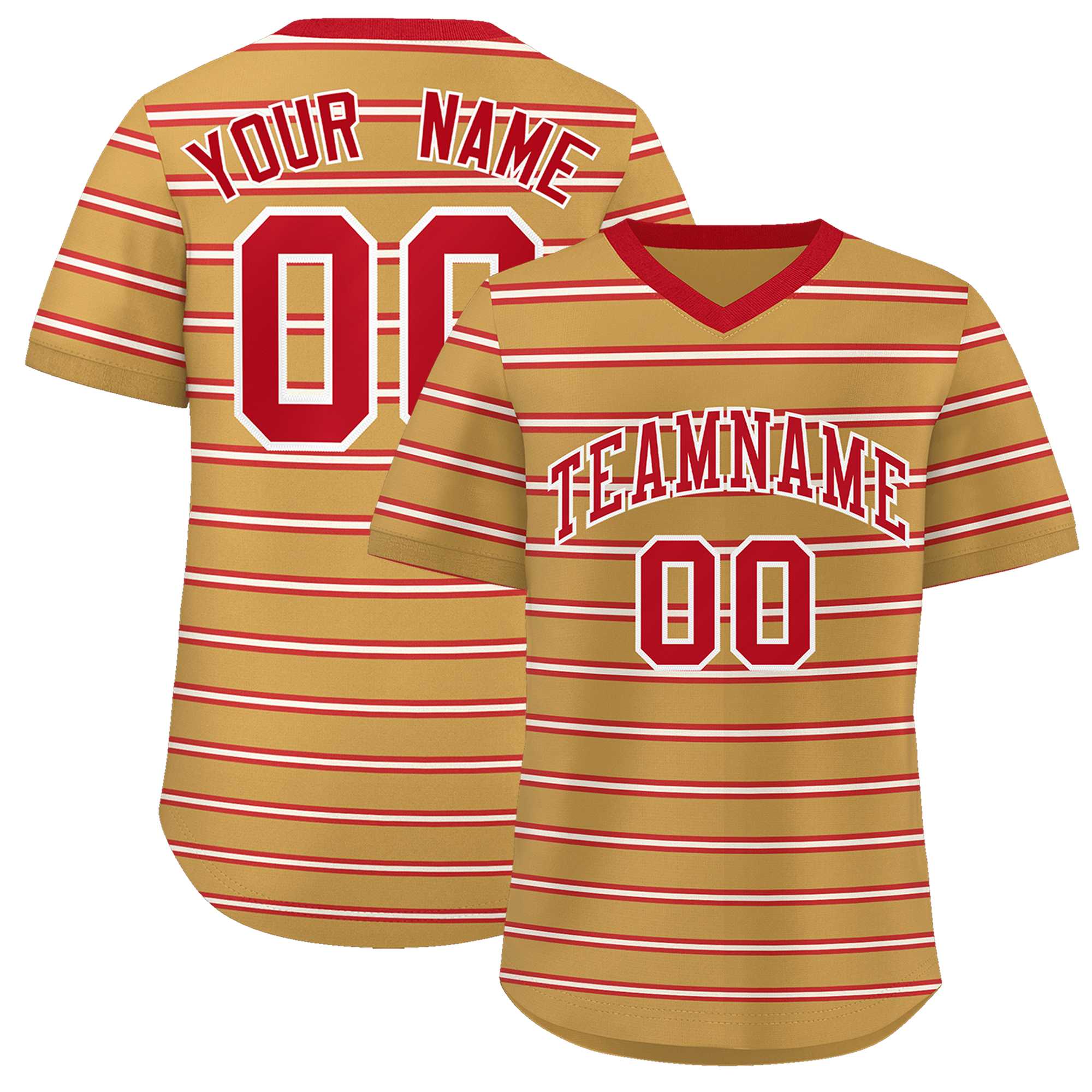 Custom Old Gold Red-White Personalized Horizontal Stripe Authentic Pullover Baseball Jersey