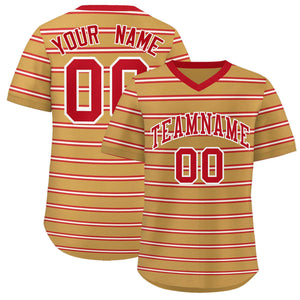 Custom Old Gold Red-White Personalized Horizontal Stripe Authentic Pullover Baseball Jersey