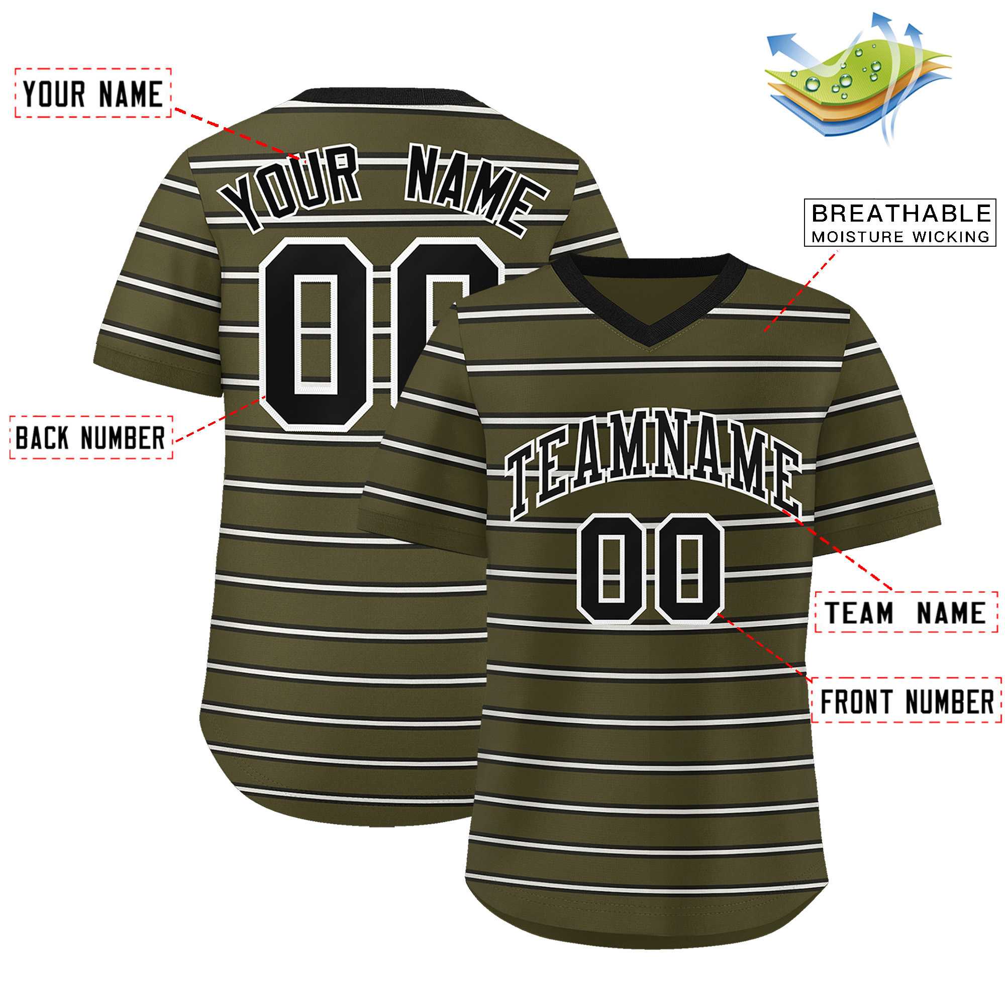 Custom Olive Black-White Personalized Horizontal Stripe Authentic Pullover Baseball Jersey