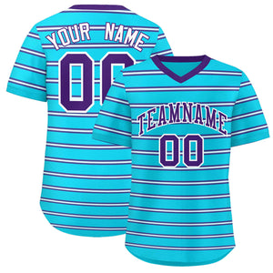 Custom Sky Blue Purple-White Personalized Horizontal Stripe Authentic Pullover Baseball Jersey