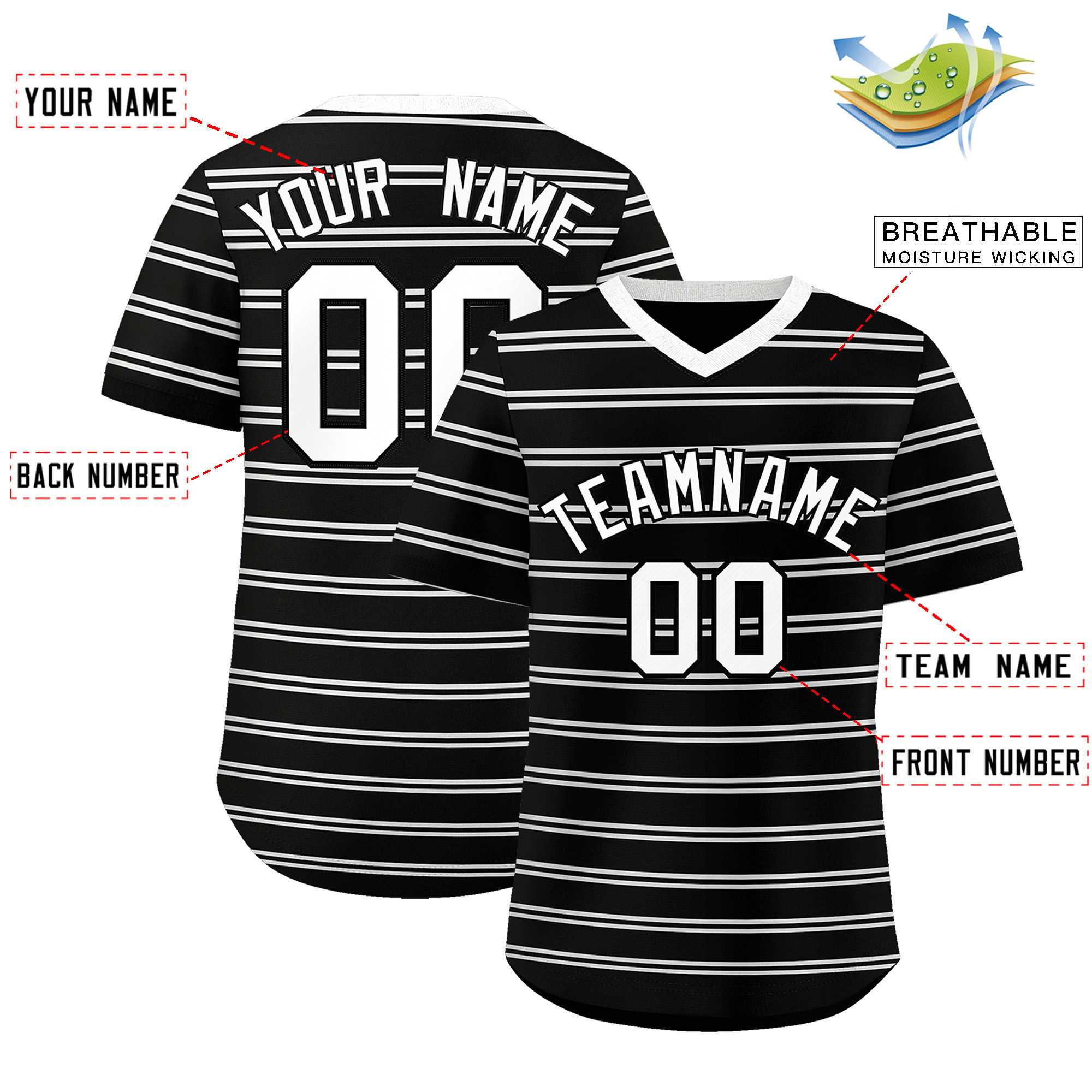 Custom Black White Personalized Horizontal Stripe Authentic Pullover Baseball Jersey