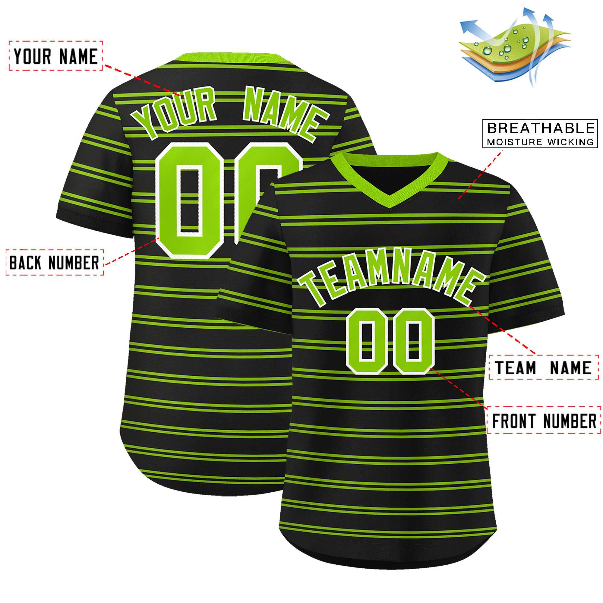 Custom Black Neon Green Personalized Horizontal Stripe Authentic Pullover Baseball Jersey